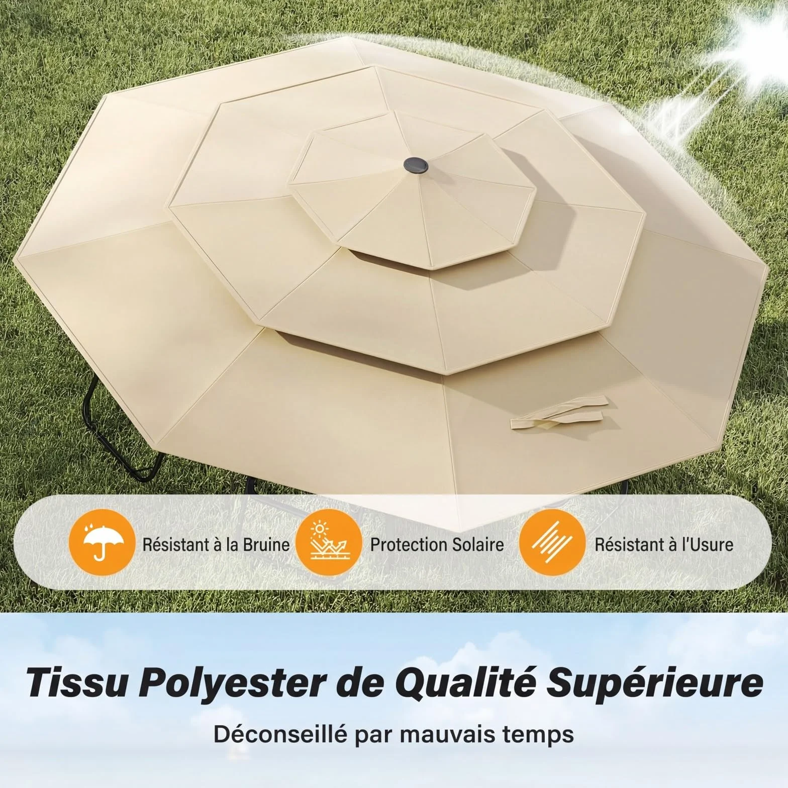 Parasol de Jardin 3M Inclinable RELAX4LIFE Toit Ventilé 3 Couches 8 Baleines Manivelle Protection Solaire Terrasse Balcon Beige