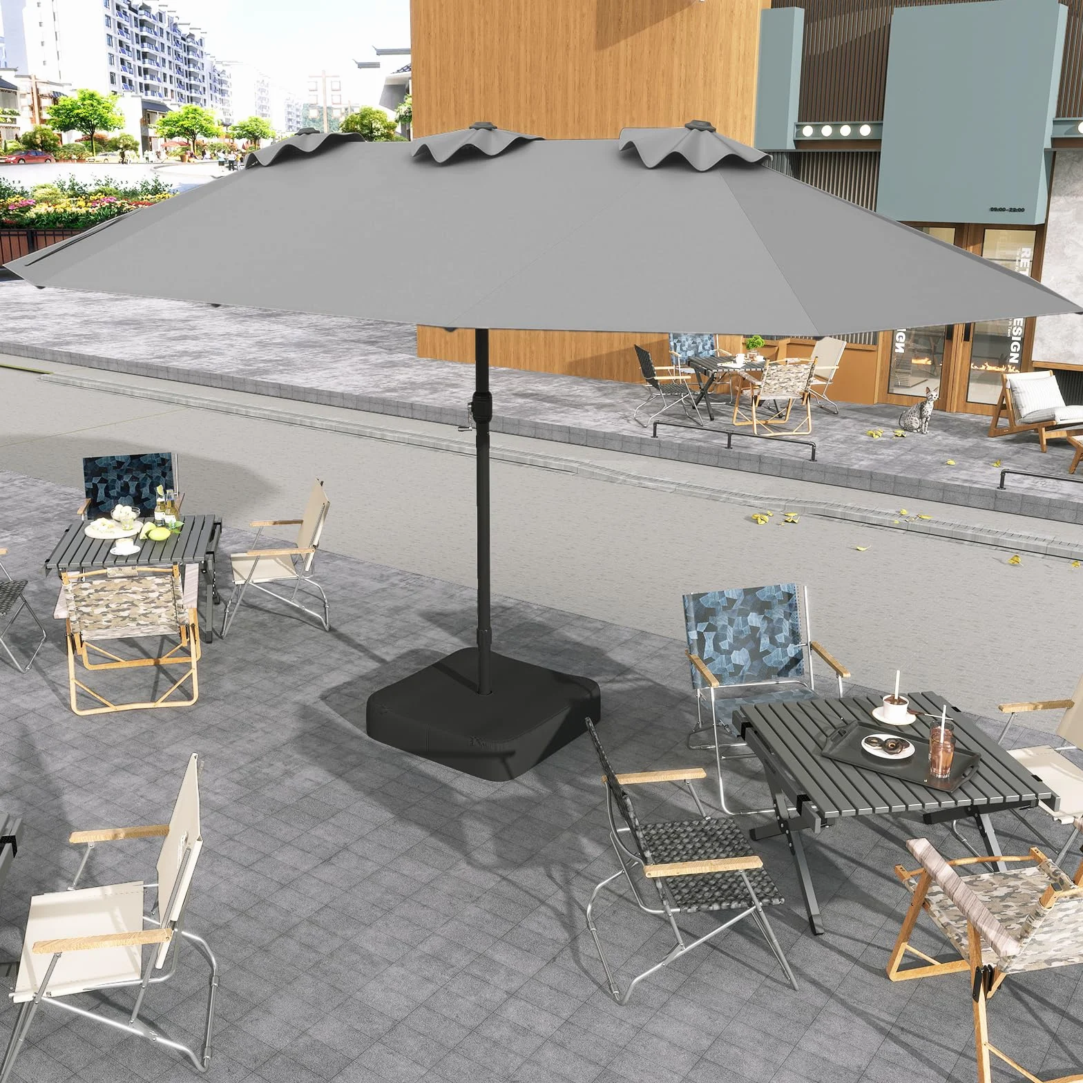 Parasol Double RELAX4LIFE 4,7M avec Pied, Manivelle, 12 Baleines, Base Croix, Protection Solaire Jardin Terrasse Gris