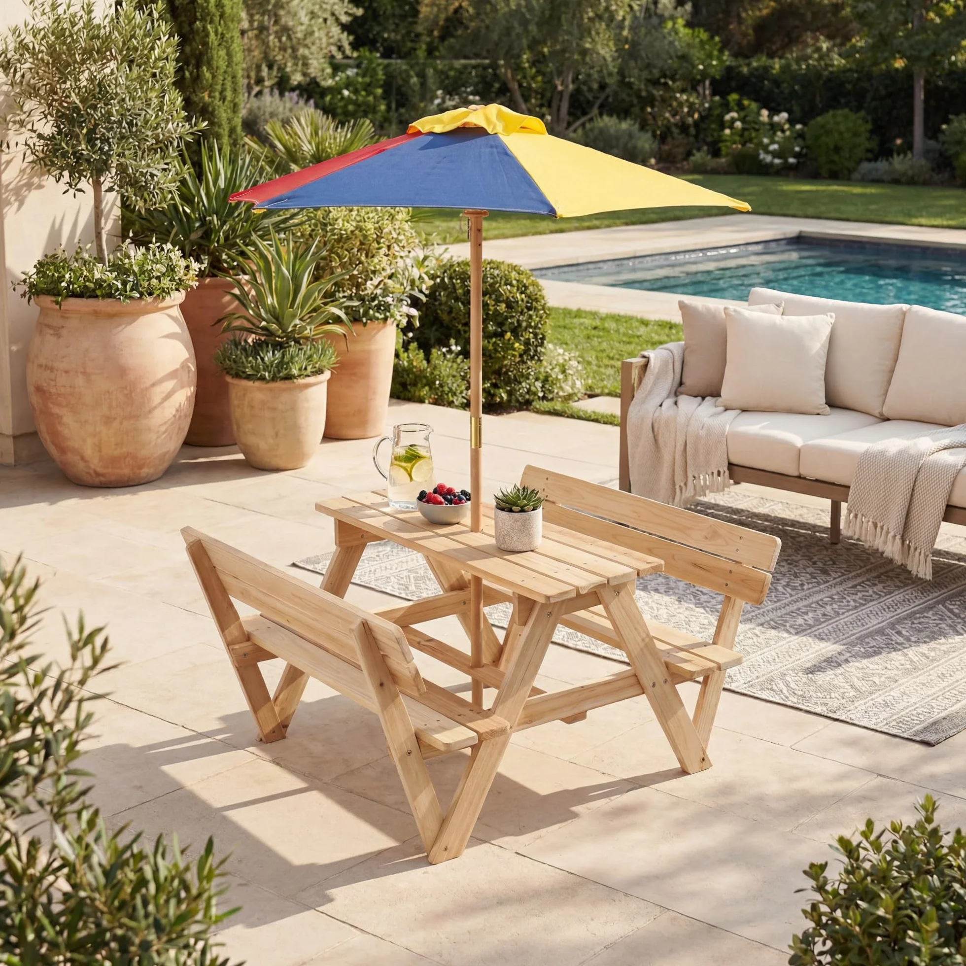LIFEZEAL Ensemble Table Pique-Nique Enfants 3-8 Ans avec Parasol Amovible, Table et 2 Bancs Intégrés Bois Jardin
