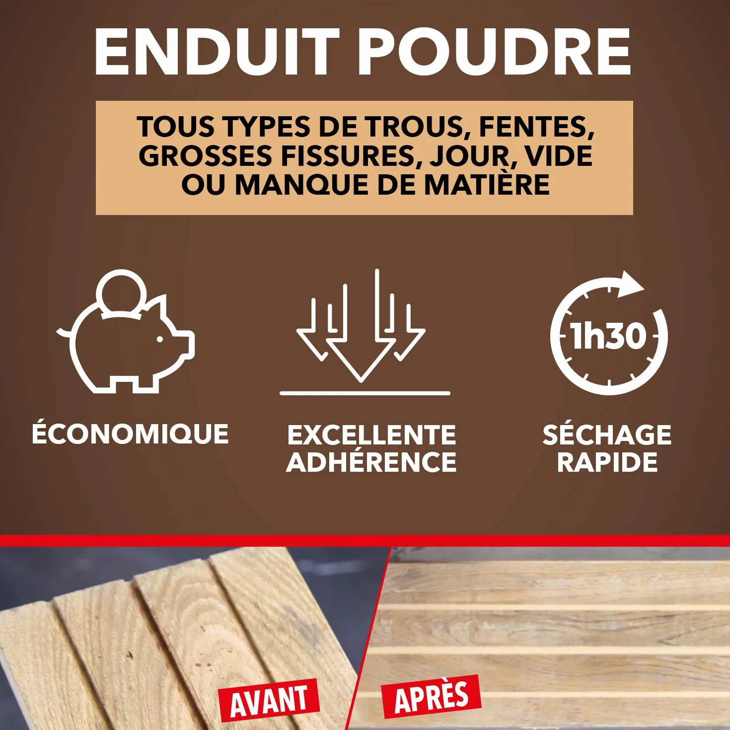 SINTO - Enduit poudre rebouche gros trous - Format 1kg - Idéal pour reboucher les trous sur du bois - excellente adhérence, solidité extrême - peut se lasurer et se peindre