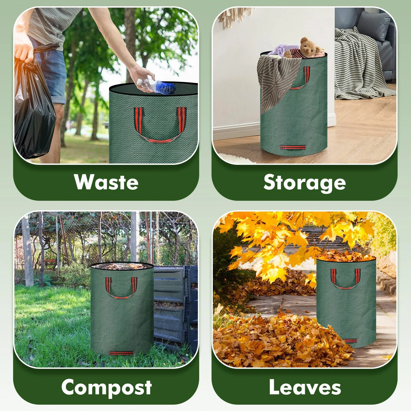 Sac Jardin 300L Vert avec Couvercle 4 Poignées Résistant Pliable Réutilisable Déchets Feuilles Débris
