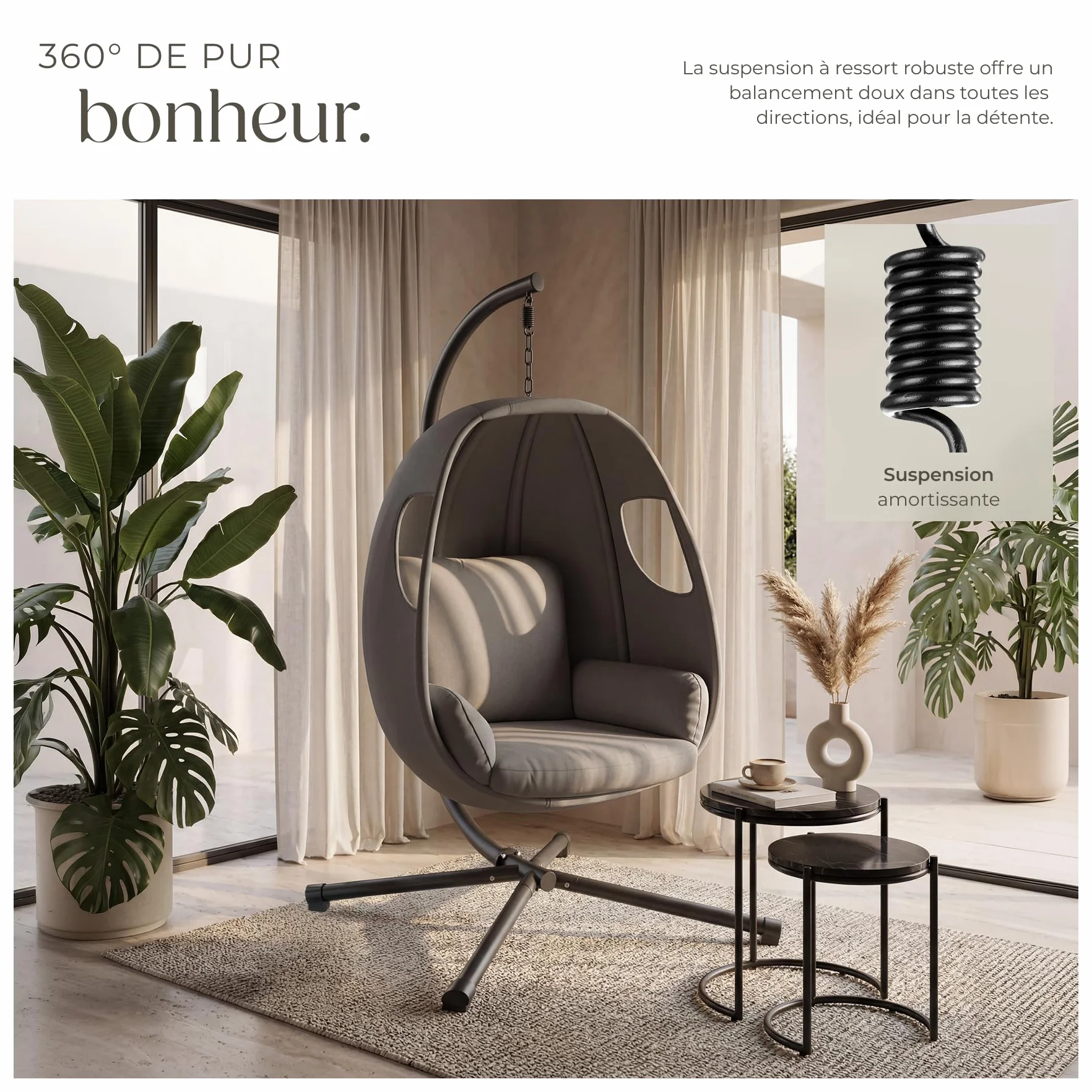 Tectake Fauteuil Suspendu Oeuf Acier Résistant aux Intempéries 160 kg avec Coussins et Housse