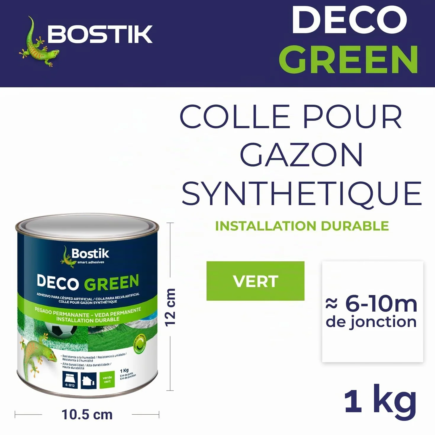 Bostik Colle Déco Green - Colle pour Gazon Synthétique Haute Durabilité – Tous Matériaux – Intérieur/Extérieur – Technologie MSP – Couleur : Vert – Fixation Discrète – Pot de 1 kg