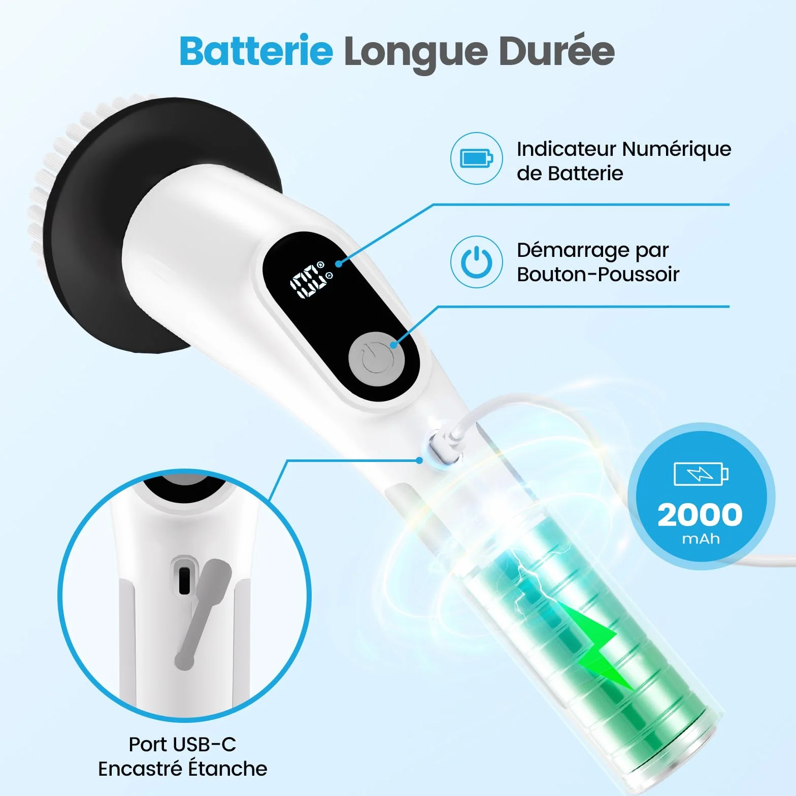Brosse Rotative Nettoyage Electrique avec 8 Têtes Interchangeables, Rechargeable Brosse Nettoyage Salle de Bain, 2 Vitesses réglables,pour Salle de Bain, Cuisine, Carrelage et Sol