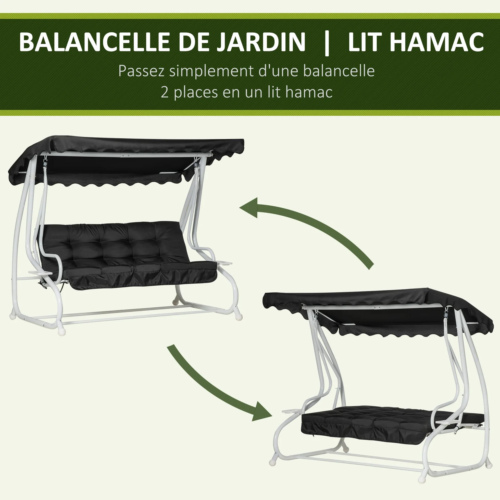 Outsunny Balancelle de Jardin 2 Places Convertible Toit Inclinaison réglable Coussin Métal Polyester Noir