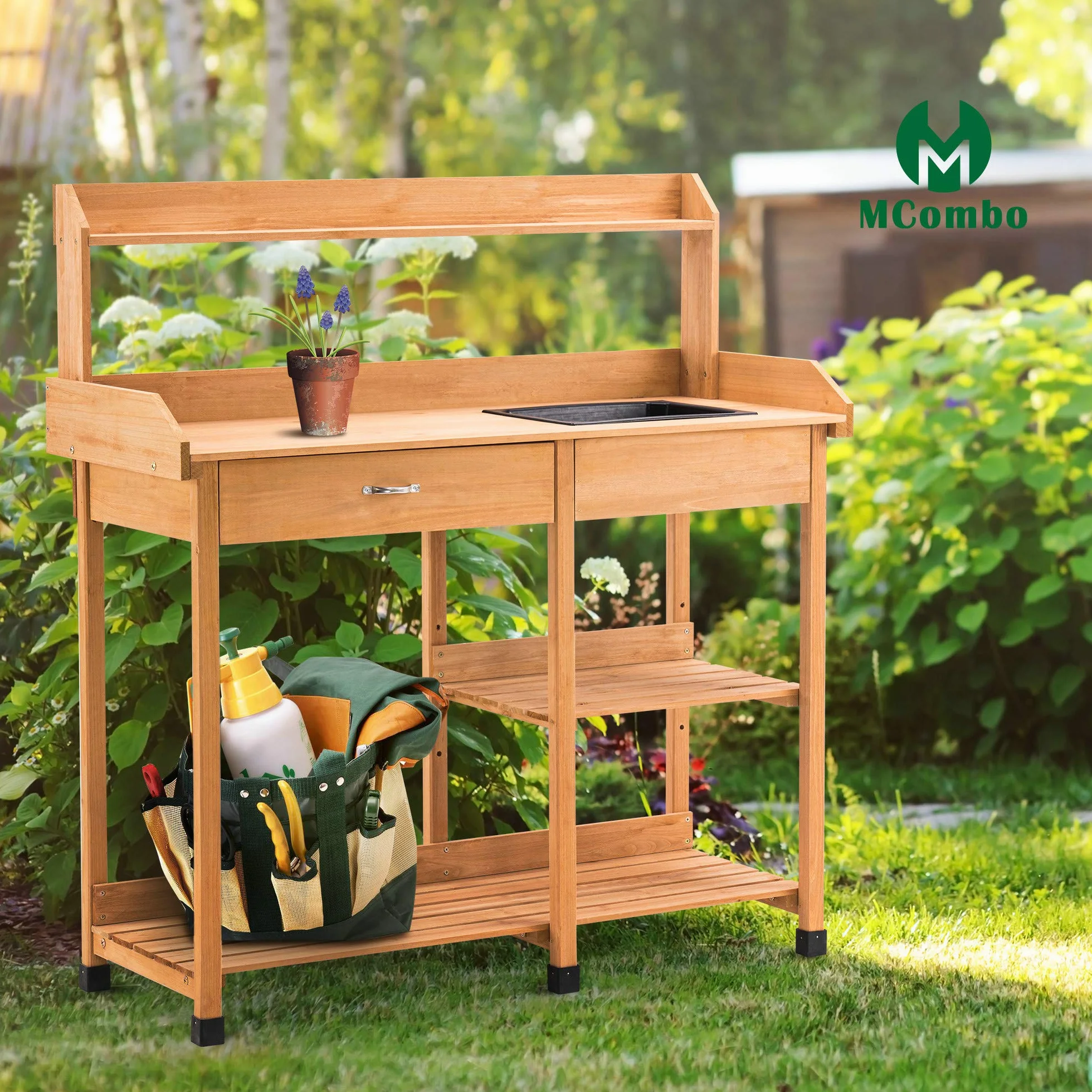 MCombo 0458 Table de Jardinage avec lavabo tiroir étagère Bois résistant intempéries 115x45x121 cm Naturel
