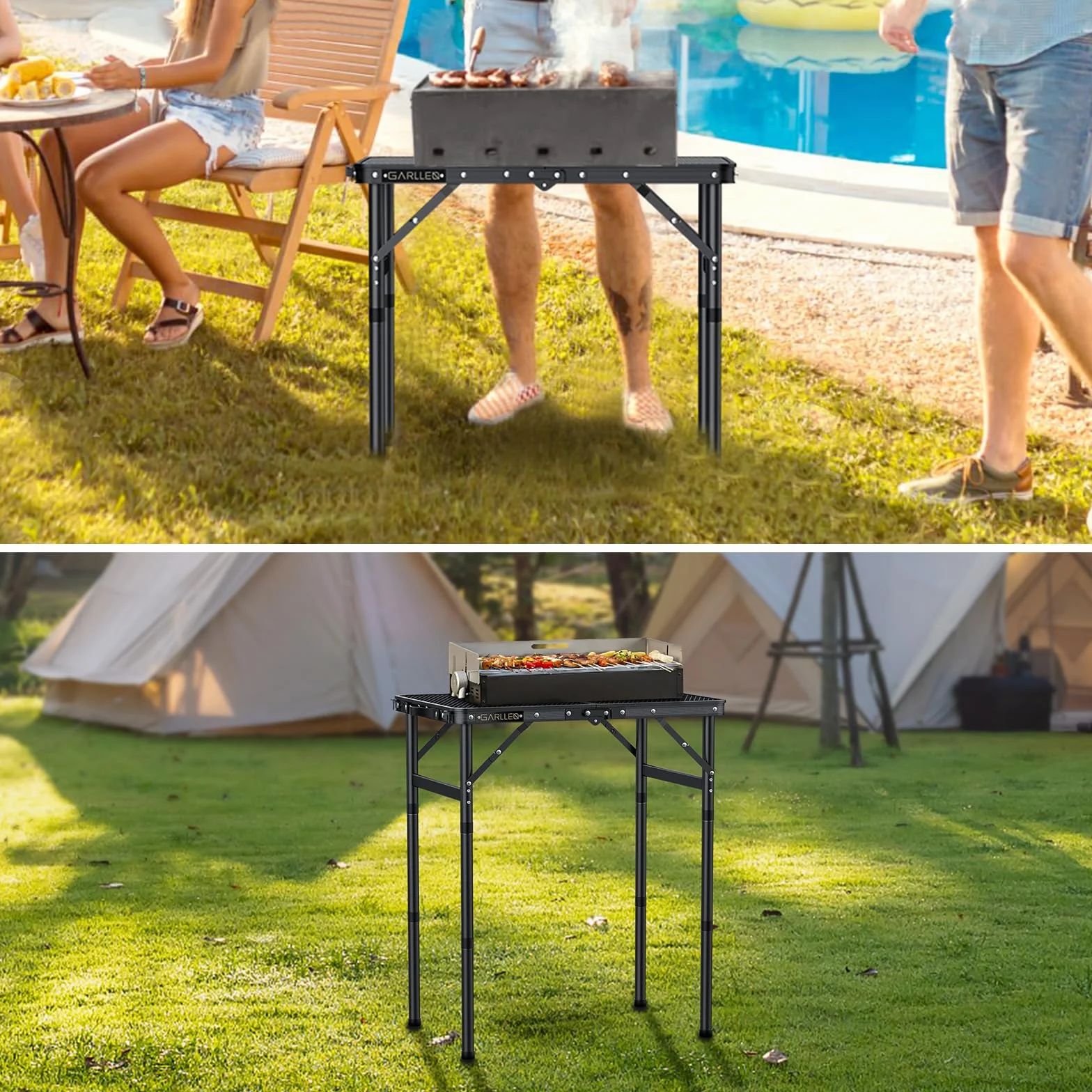 GARLLRN Table de Barbecue Pliante 0,6m 3 Hauteurs Réglables 26/48/70cm Camping Légère Maille Résistante à la Chaleur