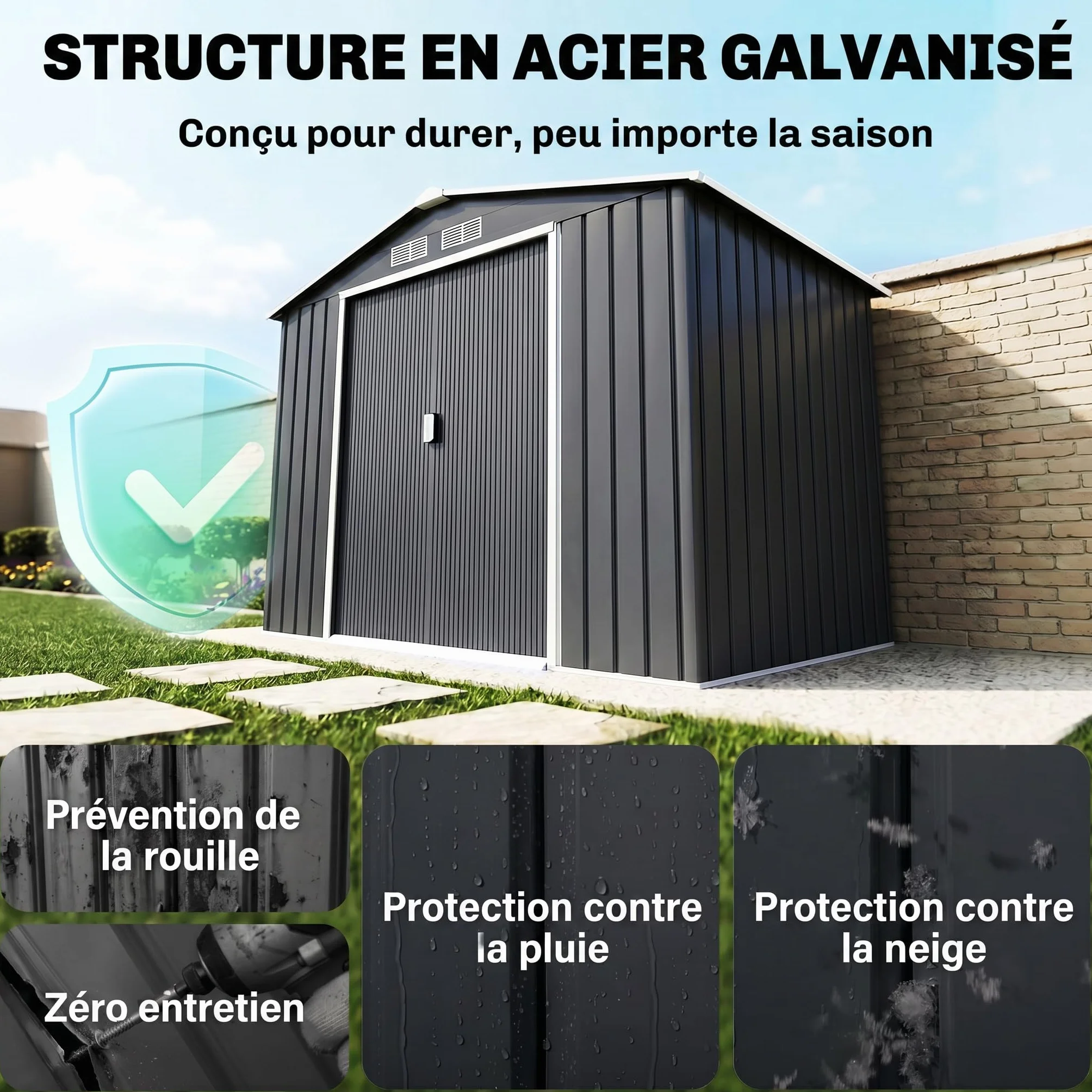 Outsunny Abri de Jardin métal 2,77 m² 213x130x185 cm cabanon Rangement Outils Porte coulissante verrouillable Gris foncé