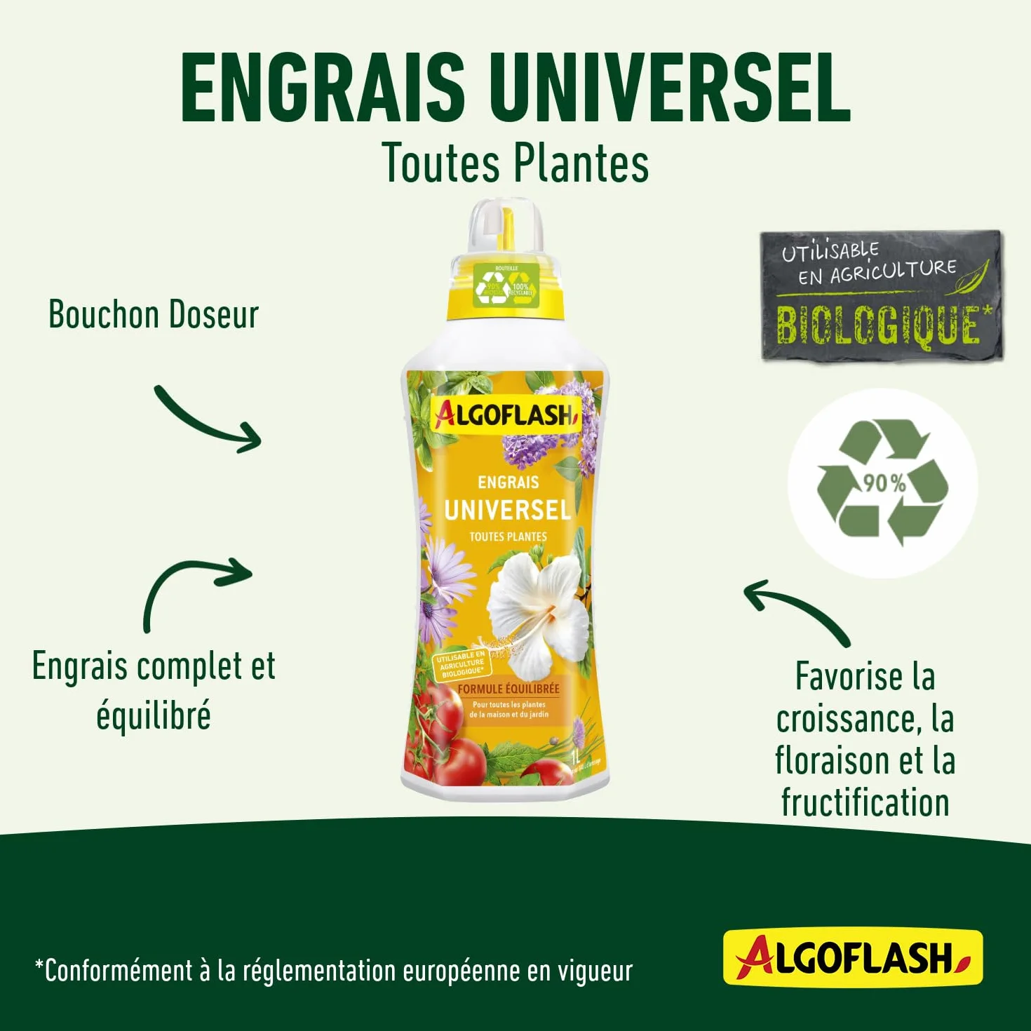 Algoflash Engrais Universel Liquide 1 L Agriculture Biologique Bouchon Doseur