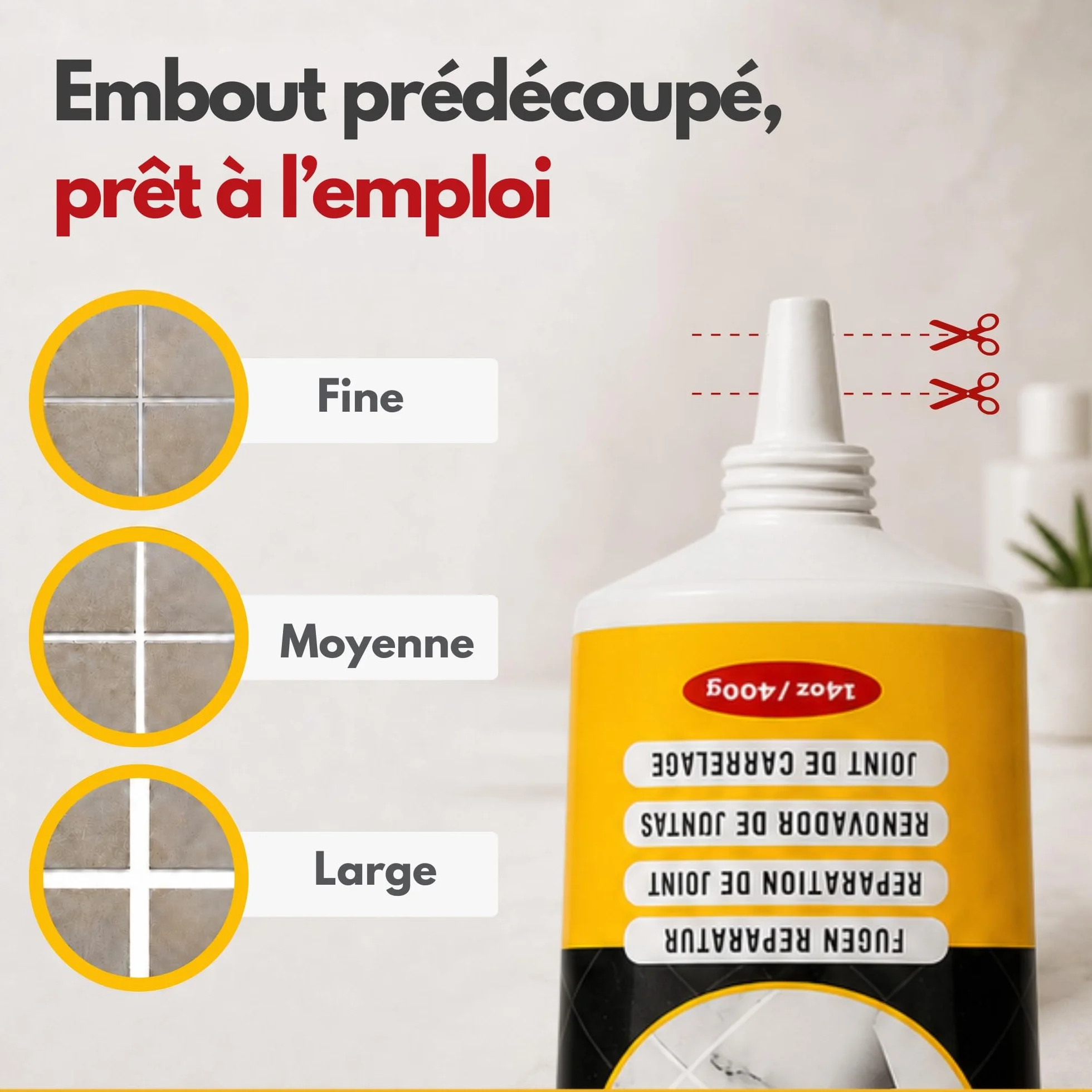ISPAR Kit de Réparation de Joint de Carrelage Crème (400g) - Mortier Coulis Couleur Crème, Joint Salle de Bain et Cuisine - Avec Spatule et Éponge
