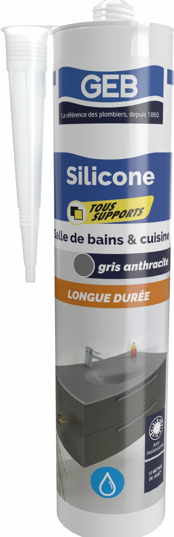 GEB Silicone Sanitaire Tous Supports – Baignoire, Douche, Lavabo, Évier – Anti-Moisissures, Sans Odeur, Longue Durée – Gris anthracite – 280 ml