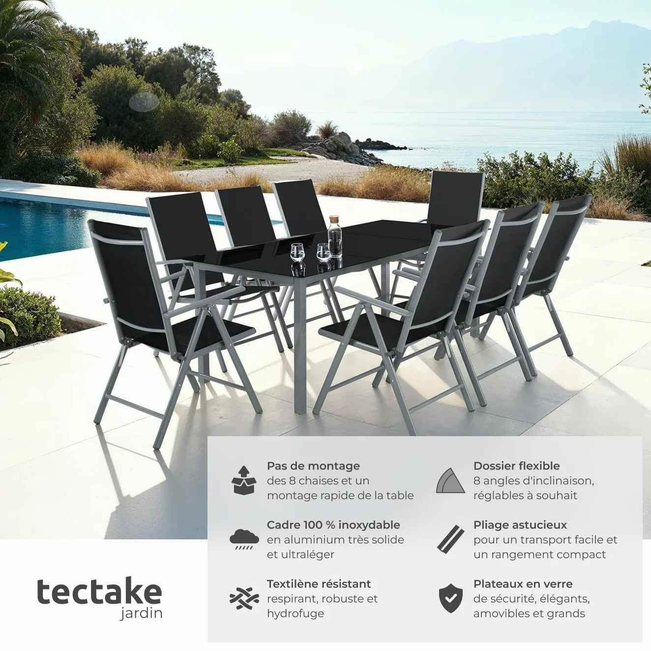 Tectake Salon de Jardin Extérieur en Aluminium 8 Fauteuils Inclinables Pliables 1 Table Mobilier Balcon Terrasse