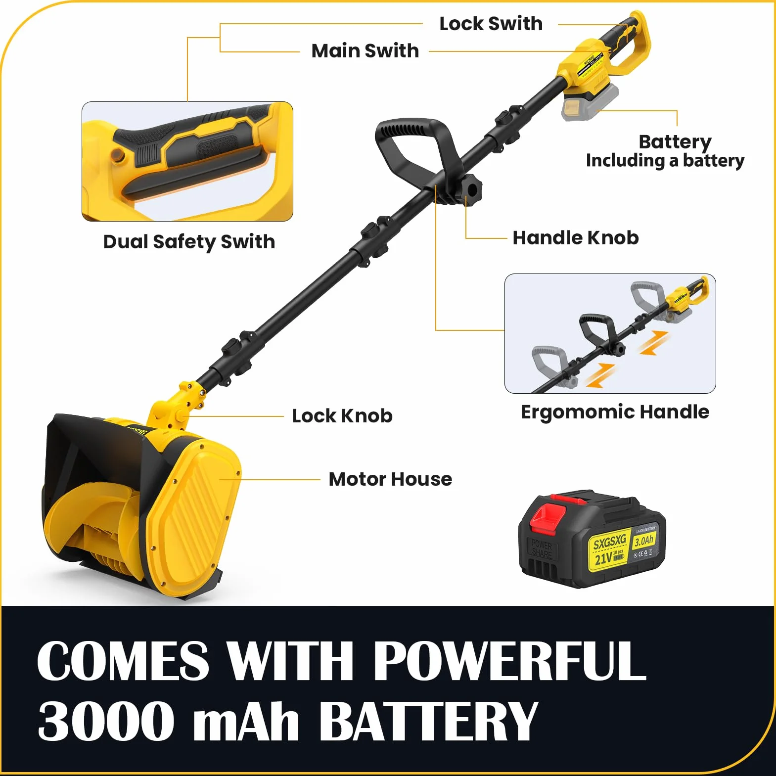 Souffleuse À Neige sans Fil 20V 28 cm 2400 TR/Min 3000 mAh