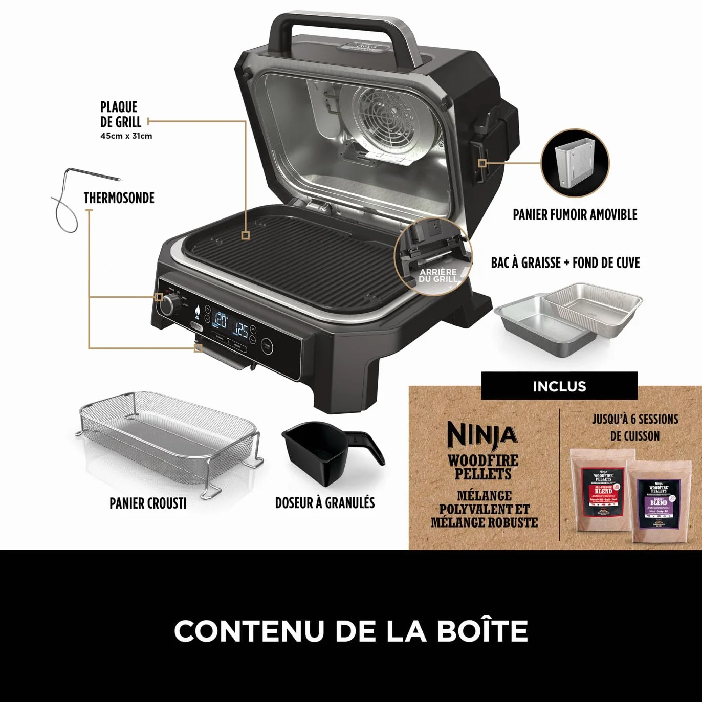 Ninja Woodfire Barbecue électrique et fumoir Pro XL 4-en-1 avec thermomètre, Air fryer d'extérieur, Smart Cook, granulés Woodfire, portatif, gris/noir OG850EU