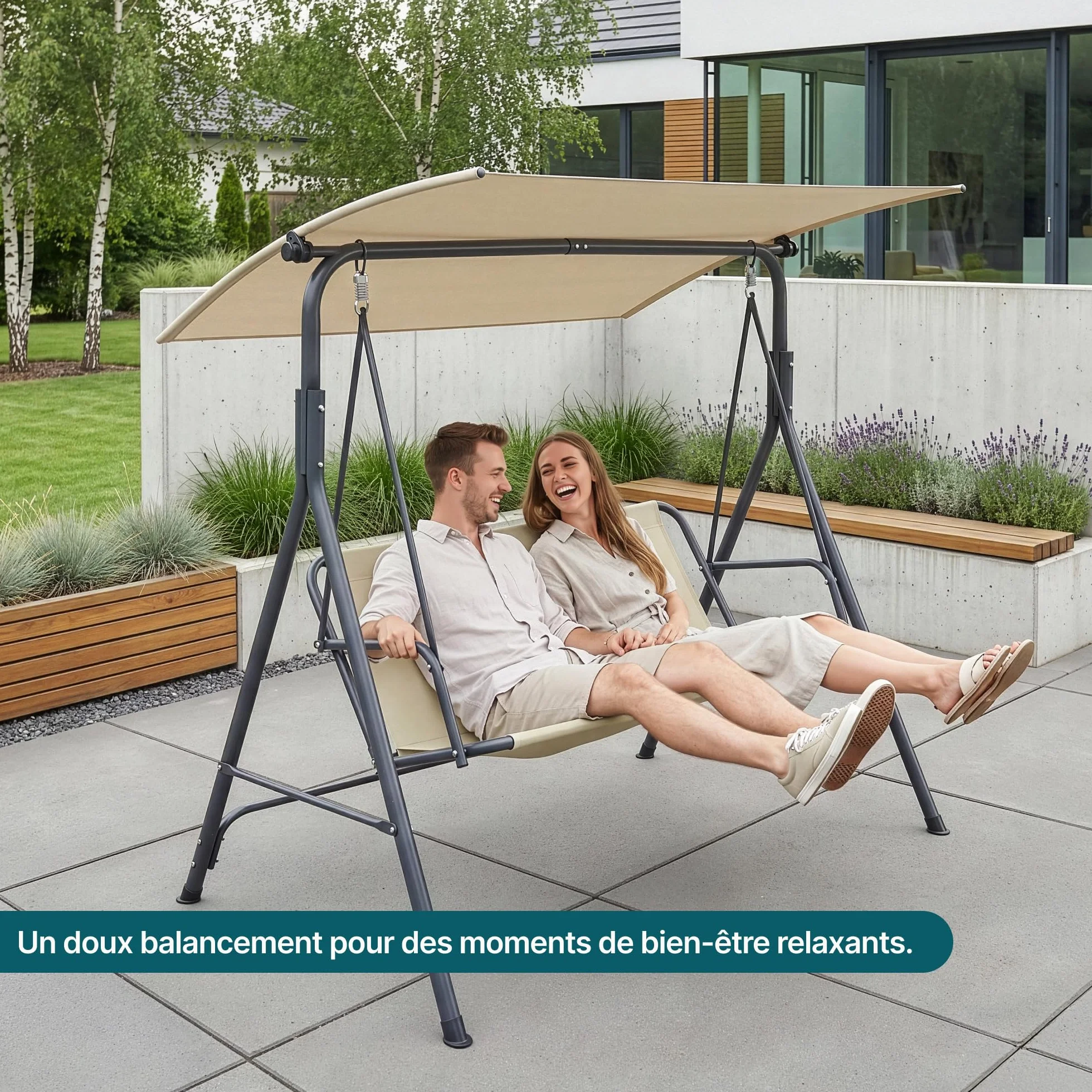 Balancelle de Jardin pour 3 Personnes avec Toit Solaire Réglable Stable Résistant aux UV et à l'eau Acier Polyester Plastique 173 x 119 x 153 cm Vert Clair Beige