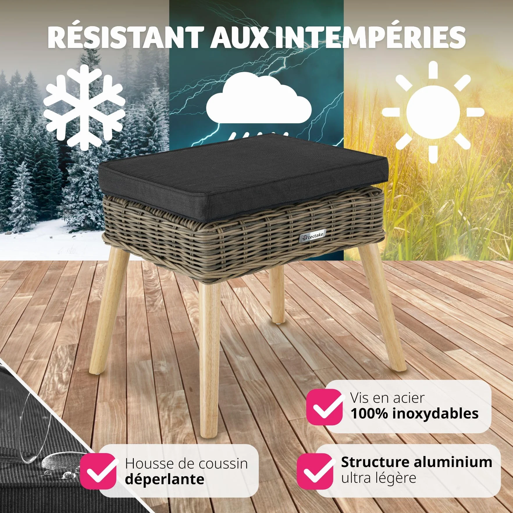 Tabouret Repose Pied Pouf Salon Extérieur Rotin Bois Coussin Imperméable Lavable Balcon Terrasse
