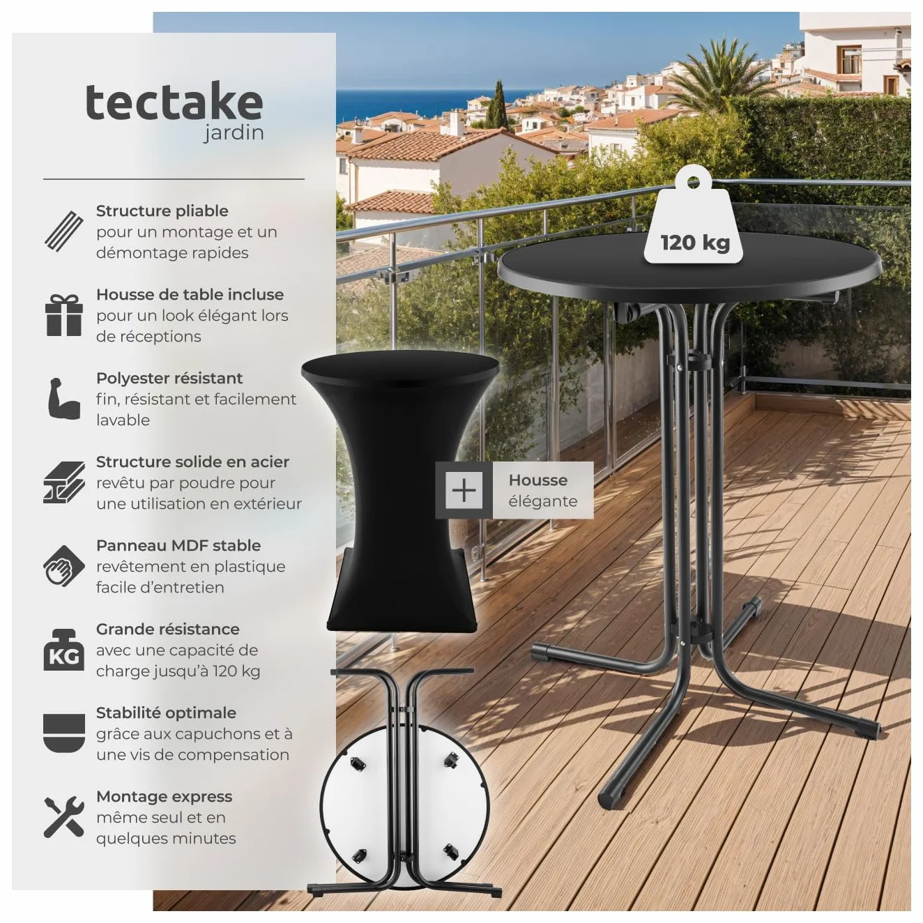 Tectake Table de Bar Ronde Pliante Acier laqué Ø 90cm x 110 cm Housse Incluse
