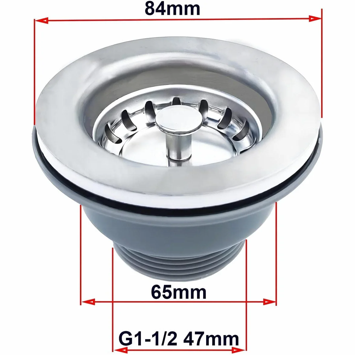 Qrity Bonde d'évier sans trop Plein Panier INOX ø 84 mm 1½", Acier Inoxydable + ABS, Bonde + Panier