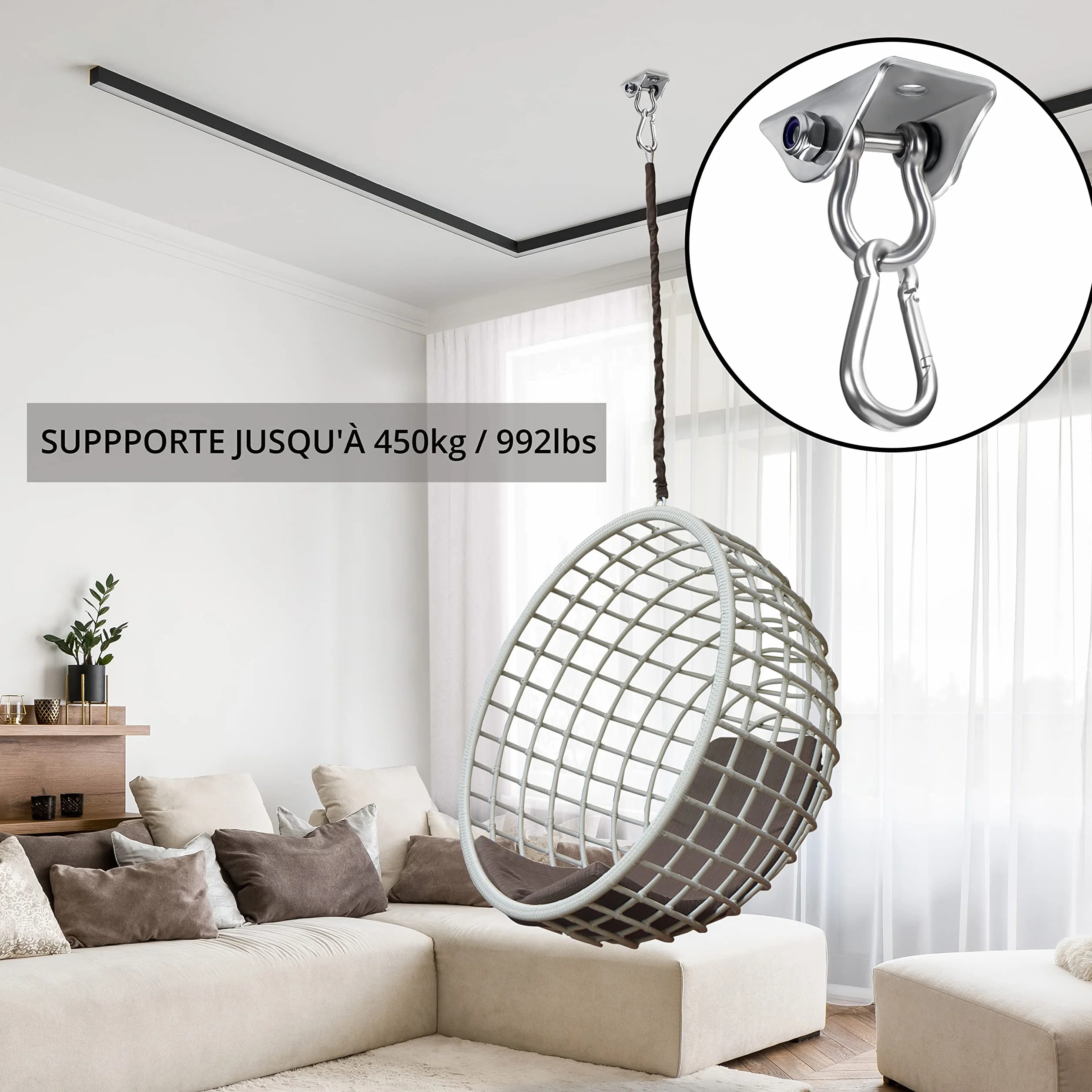 BELLE VOUS Crochet Plafond Suspension Robuste Lot de 2 - Crochet de Plafond Rotatif en Acier Inoxydable avec Vis - Charge 450 kg pour Chaise Hamac Balançoires Sac de Frappe