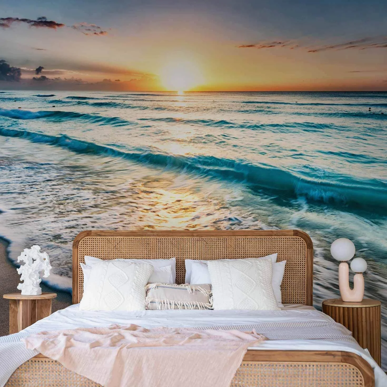 decomonkey - Papier Peint Panoramique Adhésif Plage Mer 343x256 cm - Stickers Muraux Salon Chambre Déco XXL Autocollant - Gris bleu marron - Vagues coloré paysage mer plage coucher de soleil
