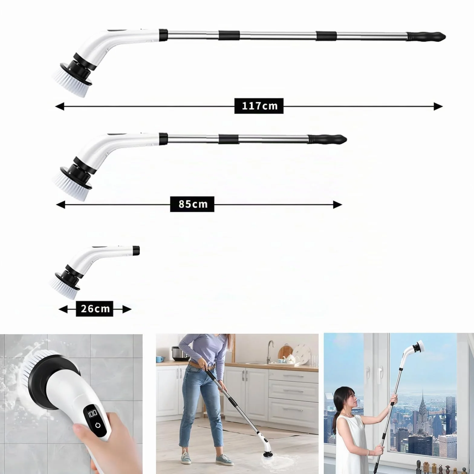Brosse à récurer électrique, Brosse de Nettoyage sans Fil avec 8 têtes, Manche Long télescopique, Brosse nettoyante Rechargeable, Charge USB-C, pour Sol,Salle de Bain, Cuisine, Douche et Baignoire