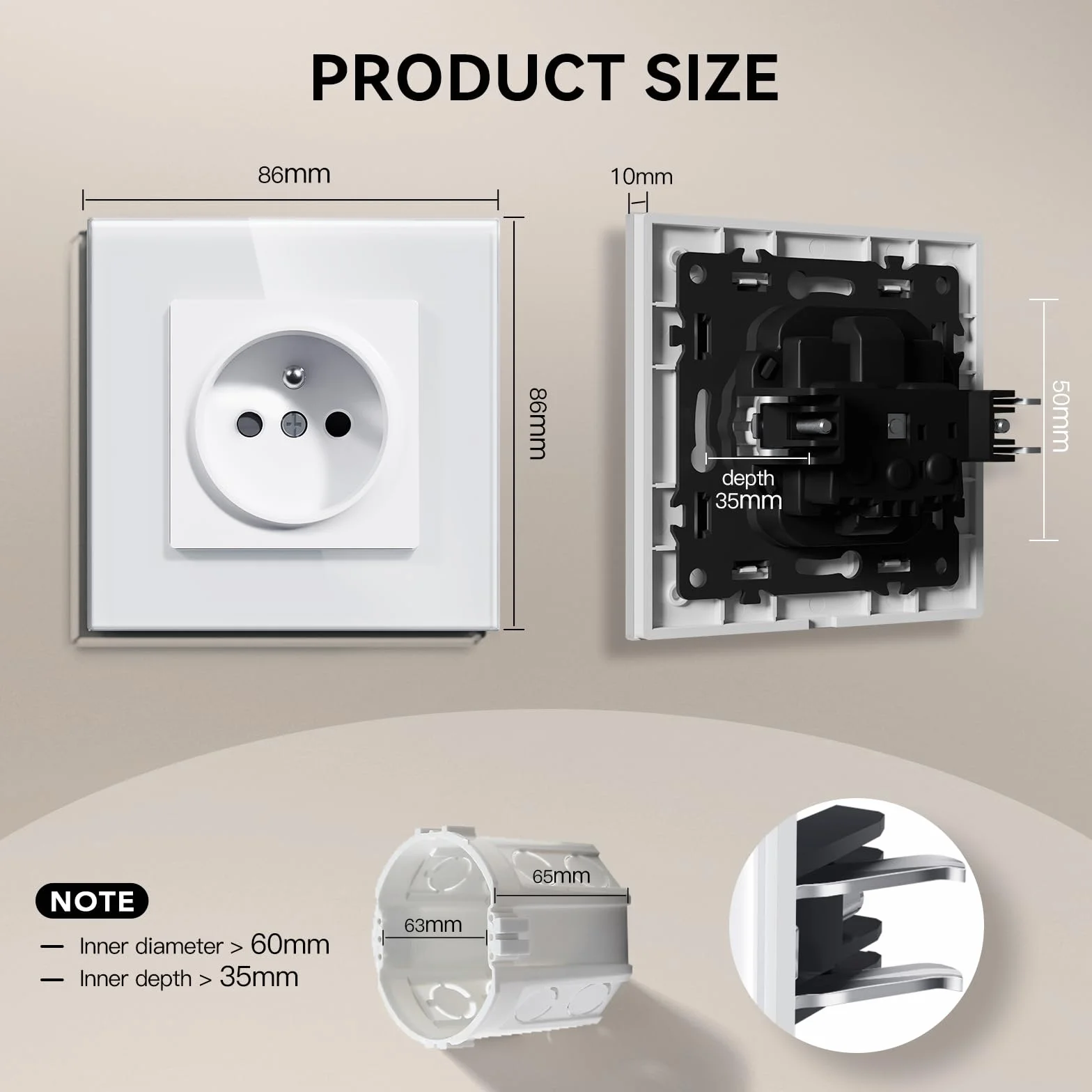 BSEED Prise Murale Verre 16A 250V Norme Française Connexion Rapide Sans Vis 86mm Blanc 2 Paquets