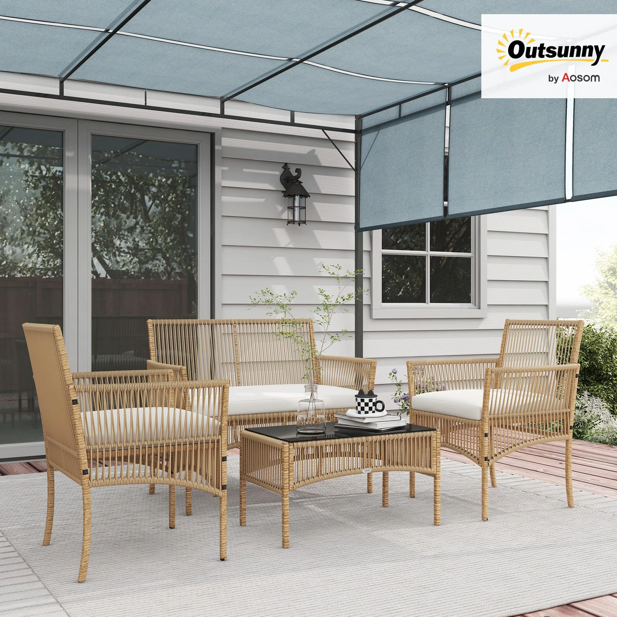 Outsunny Salon de Jardin 4 pièces Canapé 2 Places Fauteuils Table Basse Verre trempé Noir Métal Résine tressée Beige