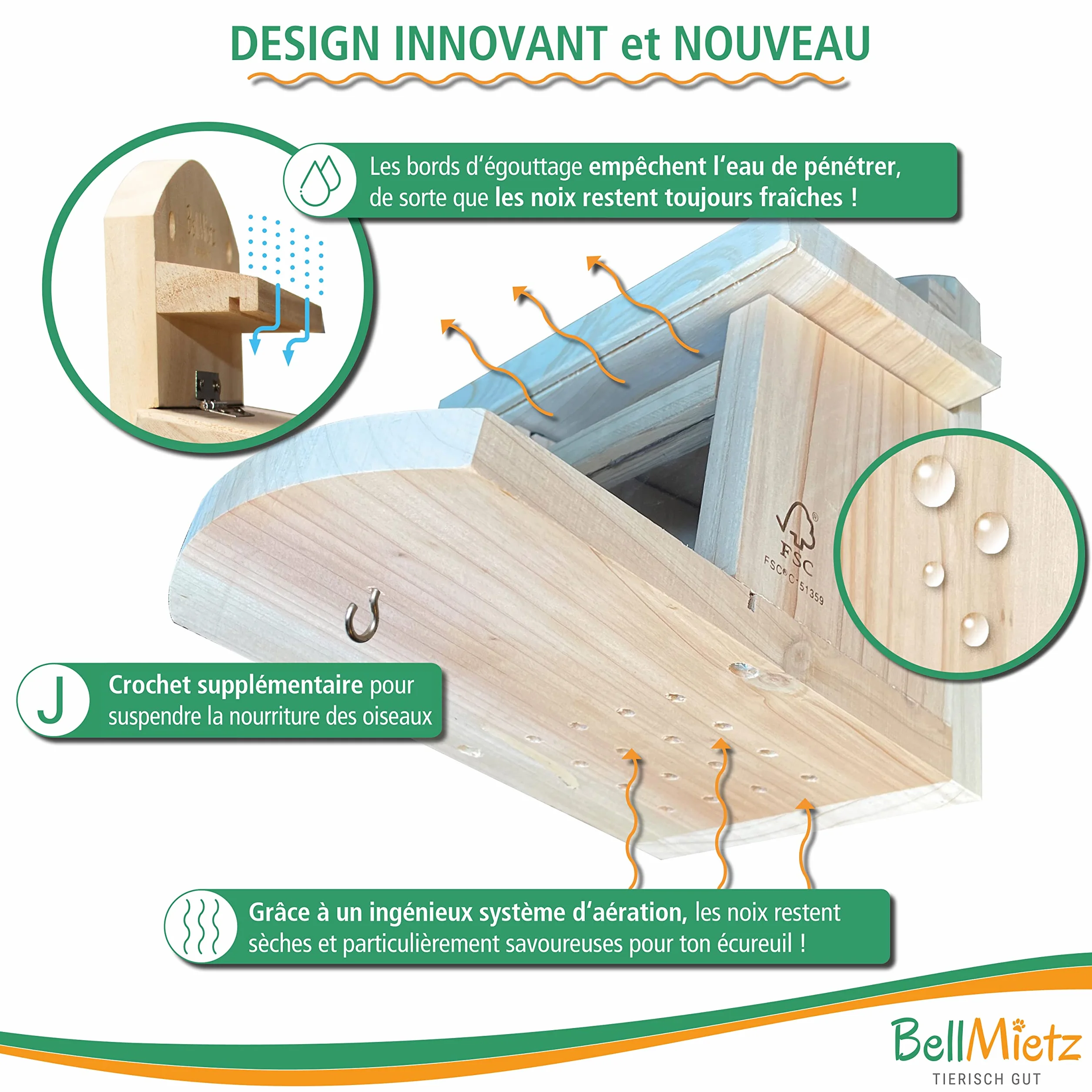 Mangeoire pour écureuils en bois certifié FSC avec système de ventilation innovant résistante aux intempéries