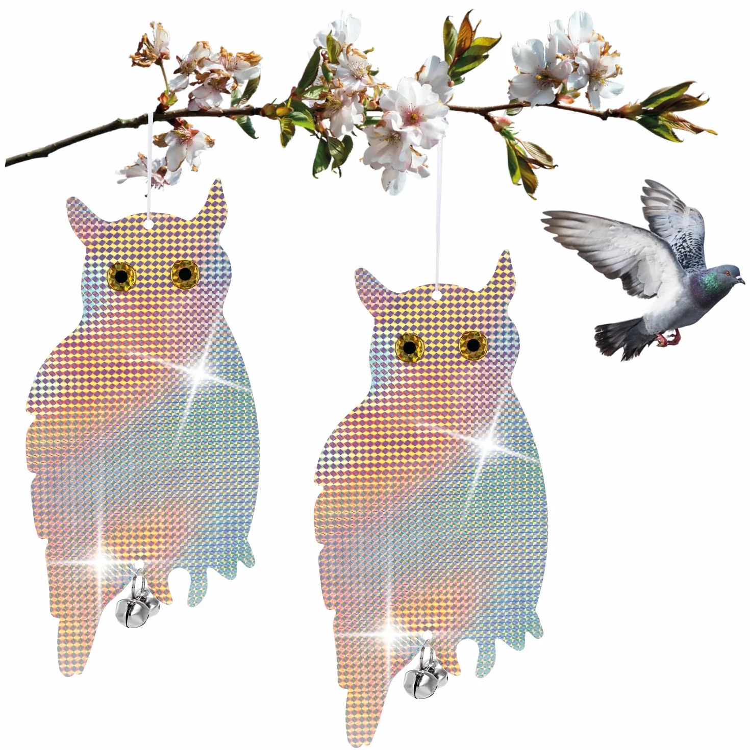 COM-FOUR® 2X Chouette factice effaroucheur d'oiseaux - Oiseau de Proie Artificiel avec Clochette et Feuille réfléchissante