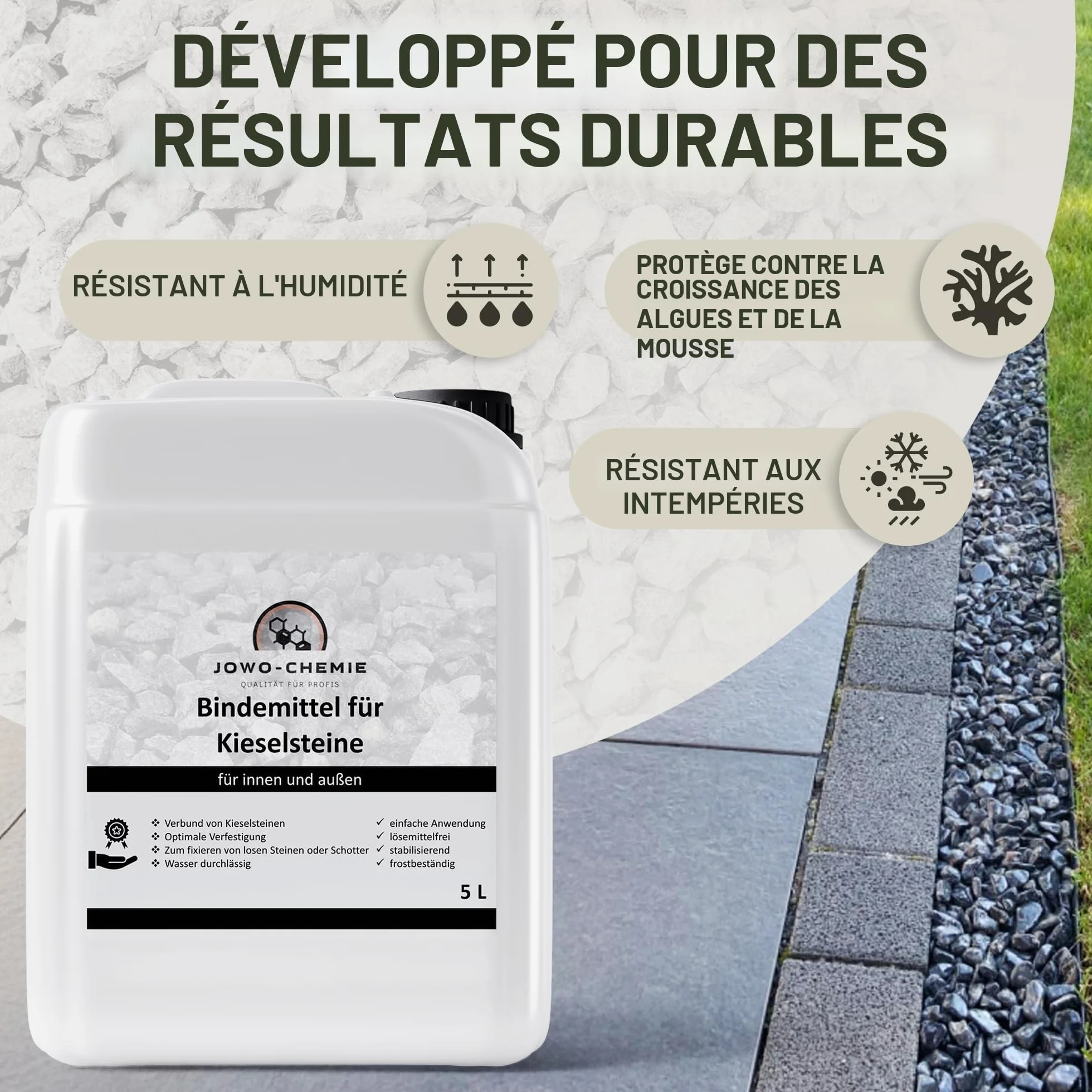 Liant pour Gravier extérieur 5L – Stabilisateur de Gravier & Colle Cailloux pour allées, terrasses et Jardins