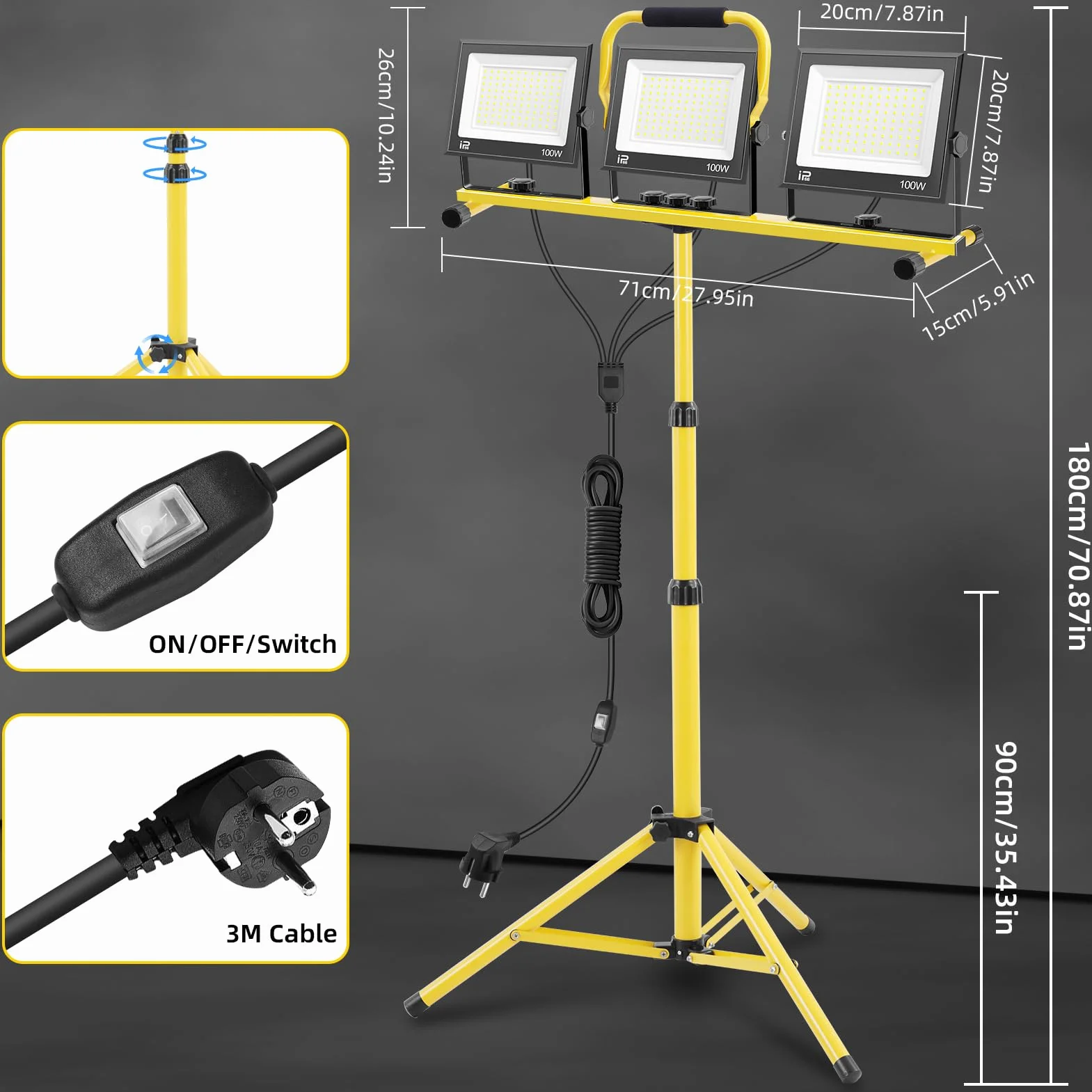 papasbox Projecteur de chantier LED 300W avec trépied prise et interrupteur | Lampe de chantier blanc froid 6500K | Étanchéité IP66 Disponible en versions 300W 150W et 90W pour ateliers et chantiers