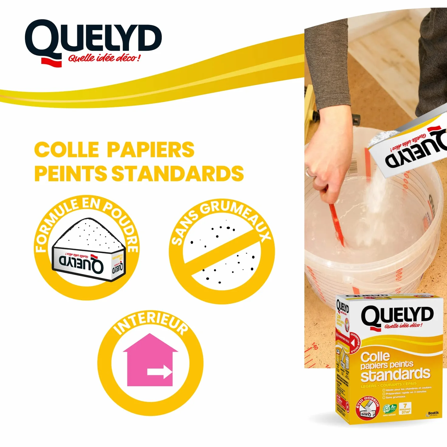 Quelyd Colle Papiers Peints Standards – Idéale pour Chambres et Couloirs – Prête en 3 Minutes – Dosage Ultra Facile – Sans Grumeaux – Sans Solvant – Poudre 250 g (7 rouleaux)