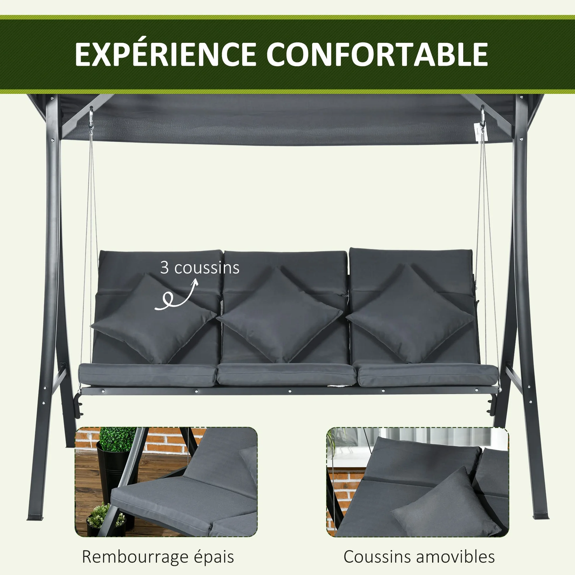 Outsunny Balancelle de Jardin 3 Places Grand Confort Acier Polyester 202x115x168 cm Gris foncé