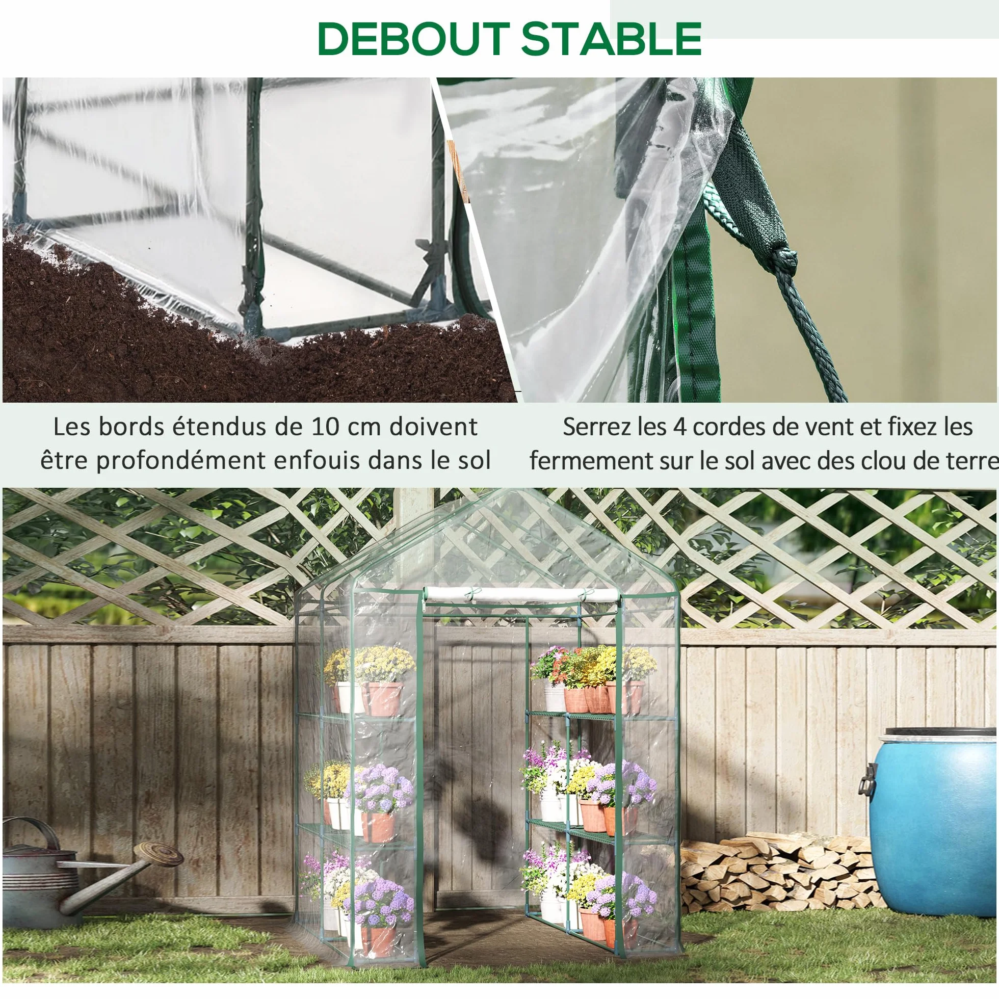Outsunny Serre de Jardin 3 Niveaux avec étagères, Châssis en Acier, Porte zippée Enroulable, 143x143x195cm