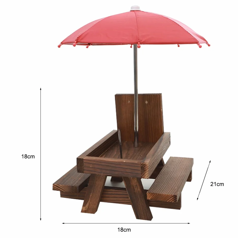 Mangeoire pour Écureuils en Bois avec Parasol et Banc, 18x21x18cm Marron