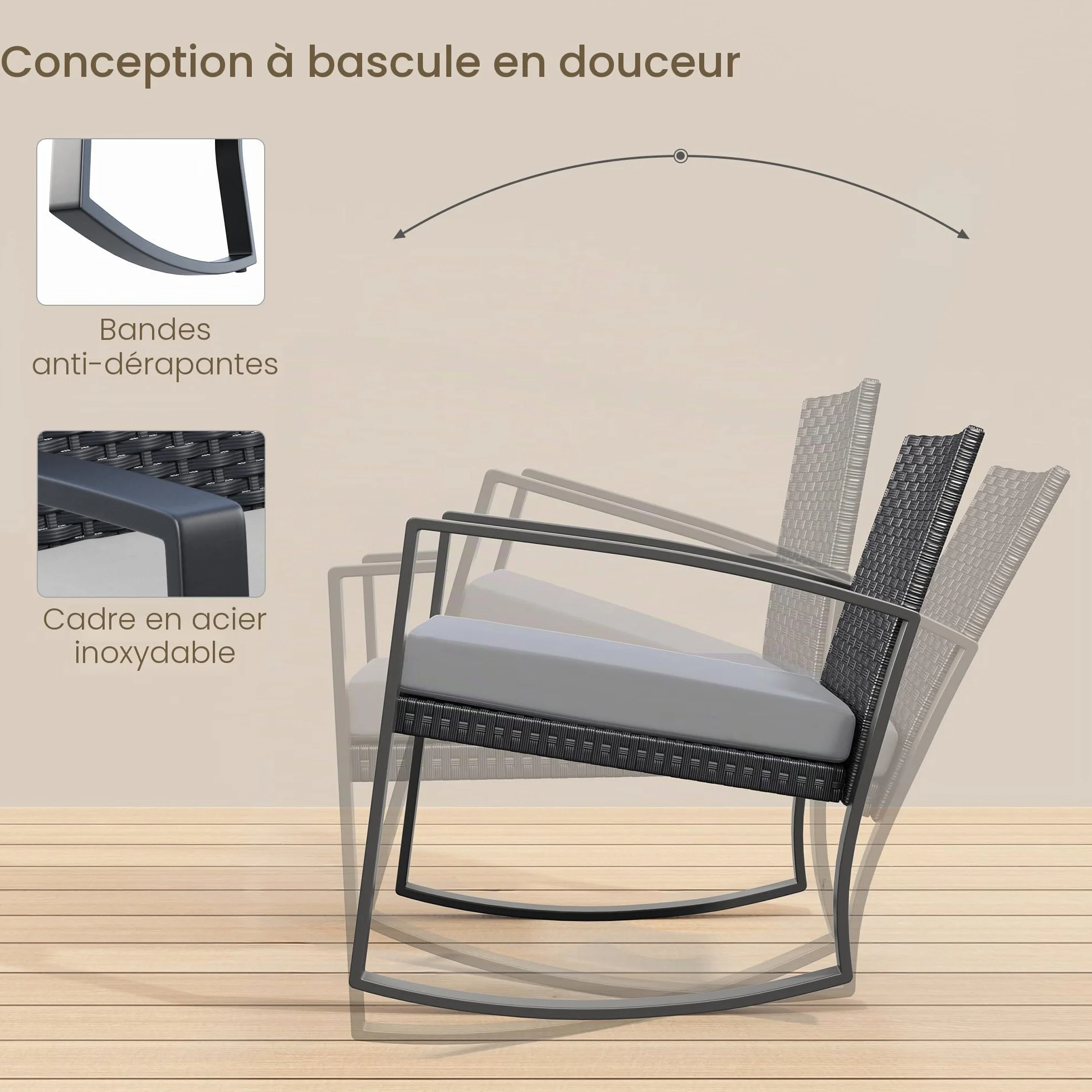 Ensemble de Meubles de Jardin 3 Pièces en Rotin avec Chaises à Bascule et Table Basse en Verre, Gris