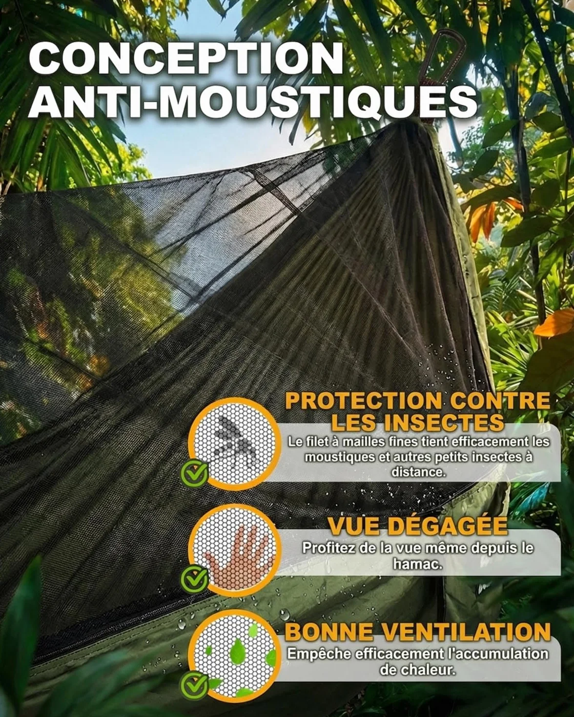 Hamac de Camping 290x140 cm avec Moustiquaire, Capacité 300kg, Nylon Parachute 210T, Léger