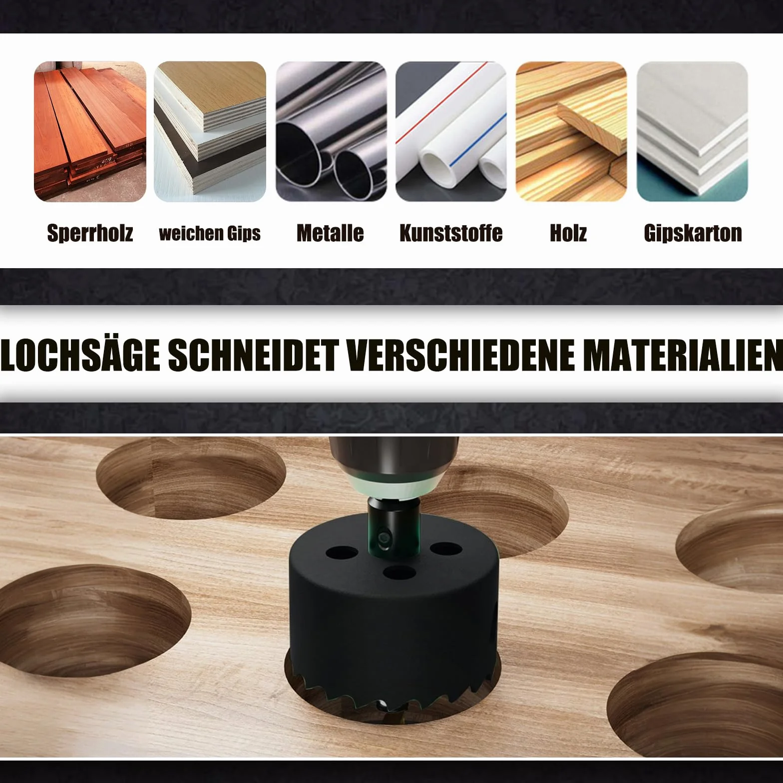 Scies cloche de 150 mm, bimétallique avec fixation SDS-plus et queue hexagonale, couronne pour bois, rigips, métaux fins, plastique