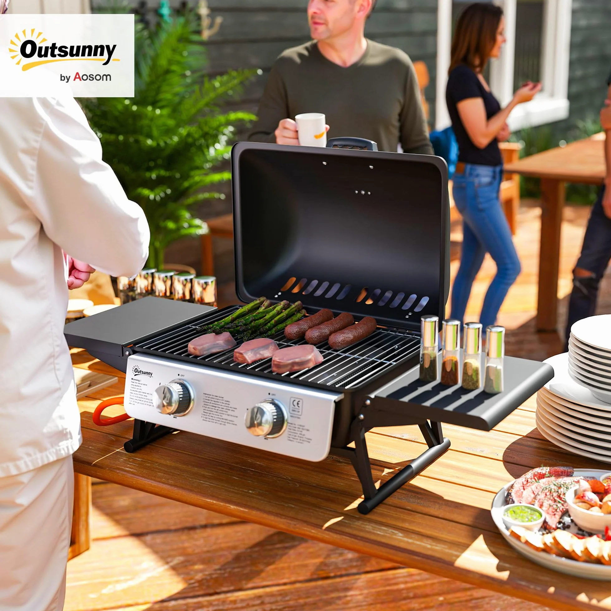 Outsunny Barbecue gaz de table transportable 2 brûleurs 5,6 kW avec grille de cuisson noir