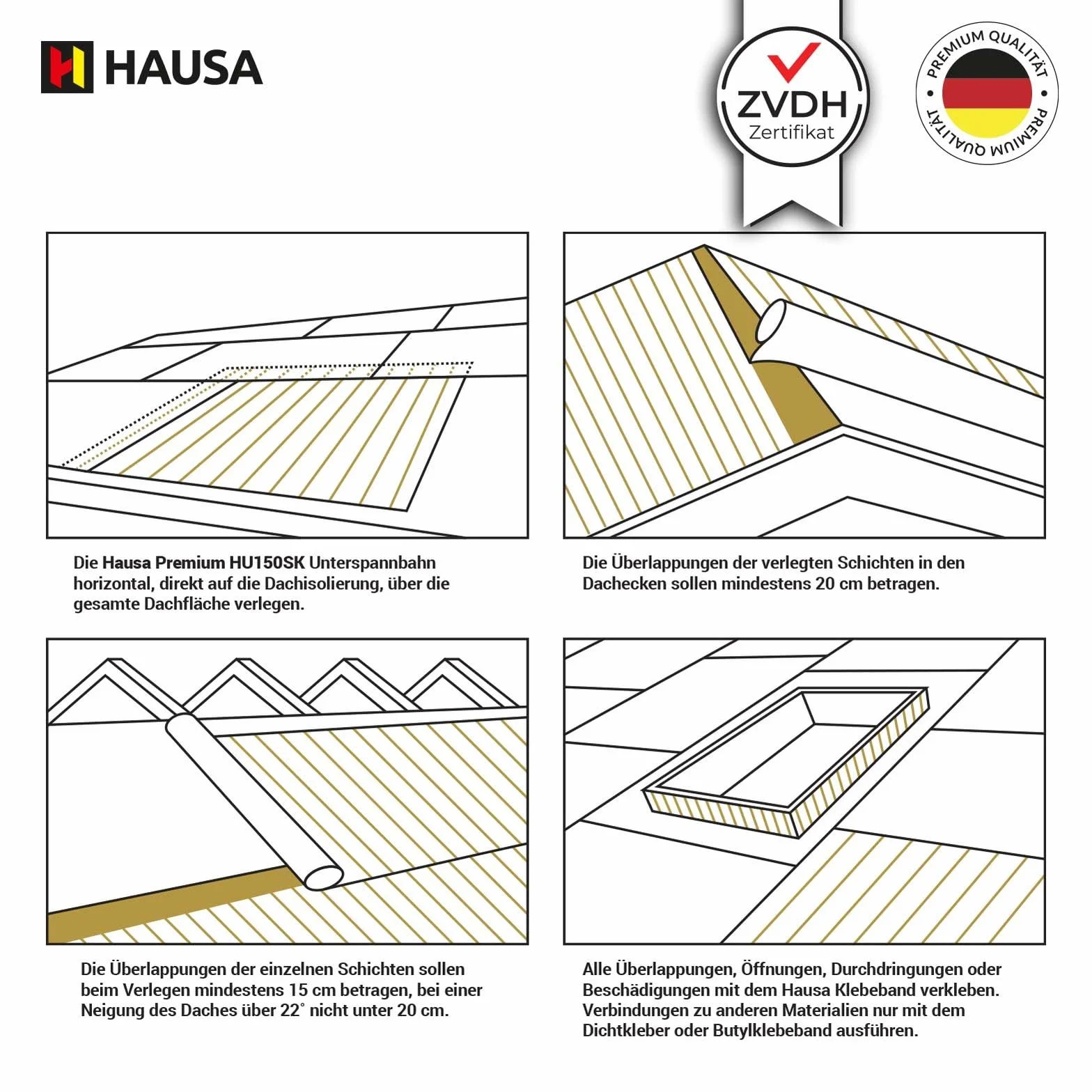 HAUSA membrane de sous-toiture Premium HU150 150g/m² 75m² (1,5mx50m) classe UDB-A/USB-A selon ZVDH, résistante à la pluie et ouverte à la diffusion, résistante aux UV, sans bande adhésive