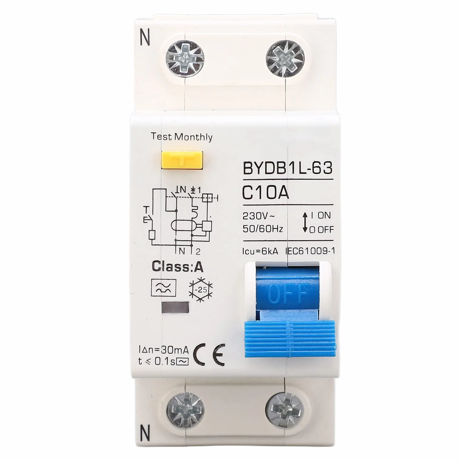 Disjoncteur Différentiel 10A 30mA Courbe C, 1P+N Type A, pour Montage sur Rail DIN, Tableau Électrique, Protection Domestique (230V)