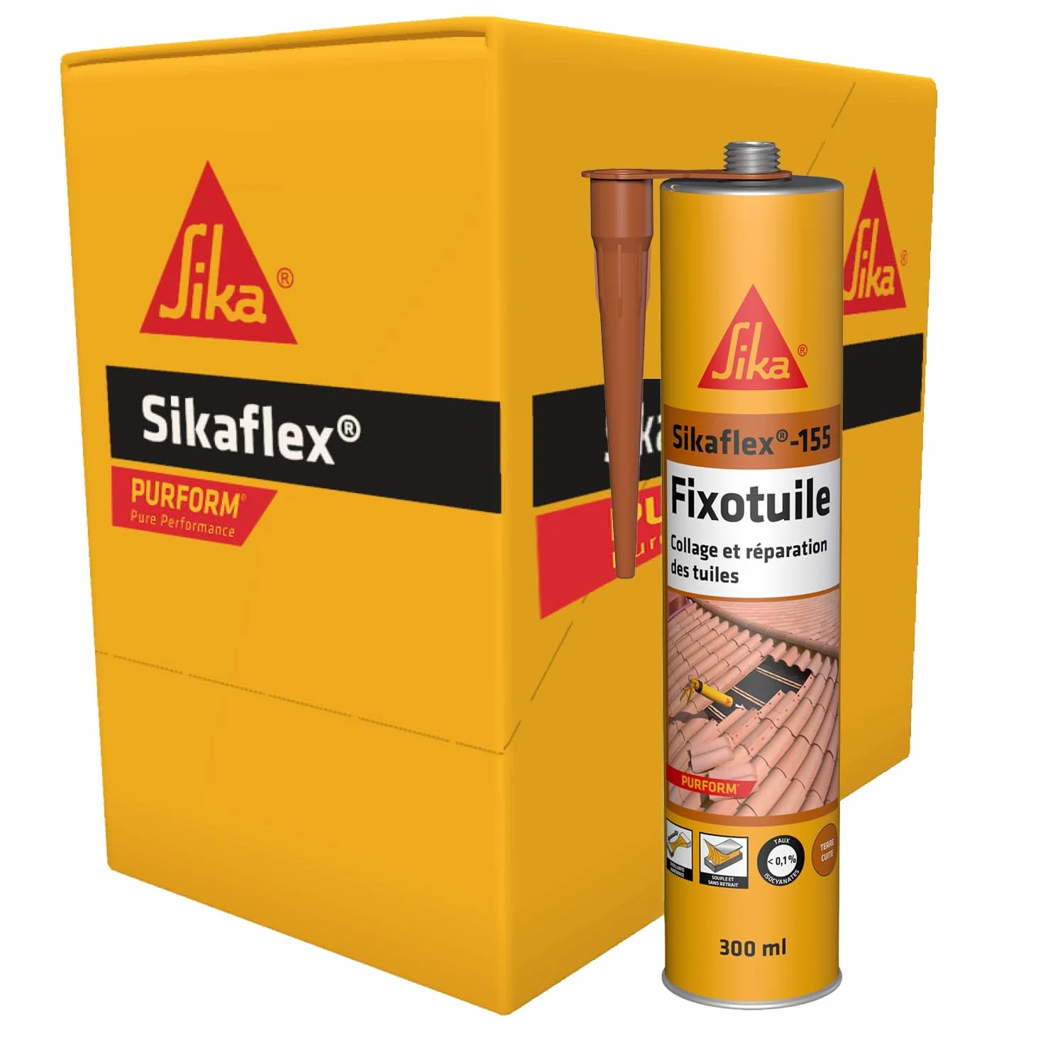 SIKA - Mastic-colle souple polyuréthane - Sikaflex-155 Fixotuile Purform terre cuite - Réparation et collage de tuiles - Tous types de tuiles - Carton de 12 cartouches de 300ml