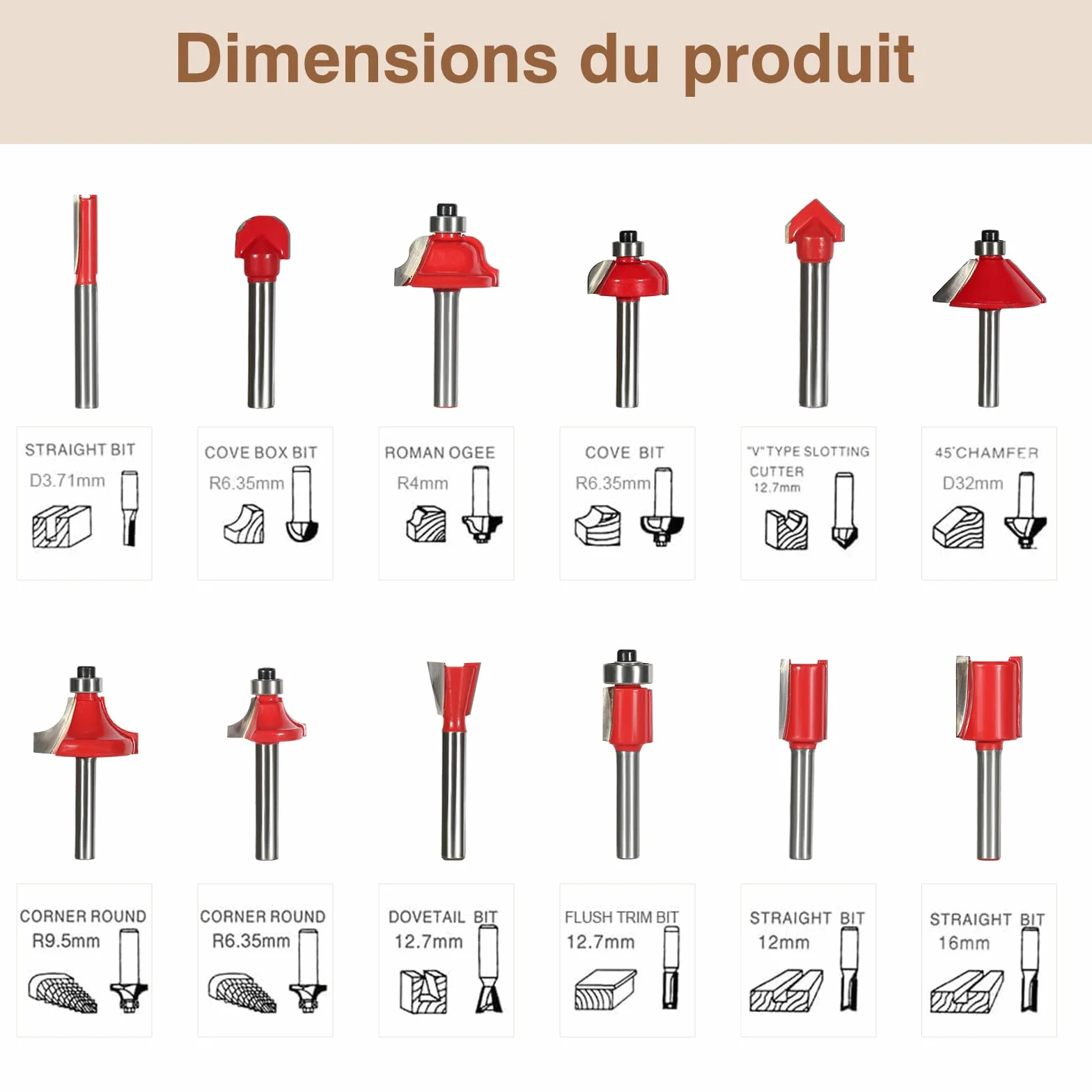Lot de 12 Fraises Carbure pour Défonceuse - Queue de 6 mm, Coffret Bois pour Embouts de Fraisage Professionnel, Accessoires pour Travail du Bois, MDF & Plastique
