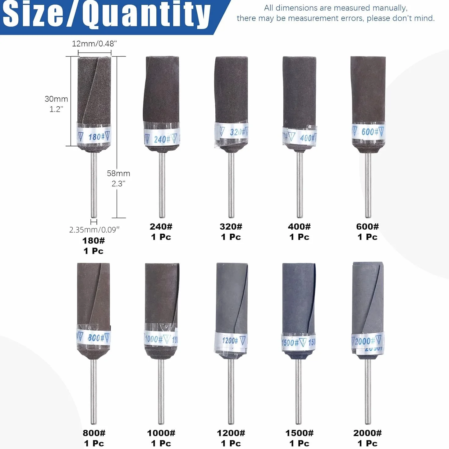Glarks Lot de 10 tambours de ponçage, manchons de ponçage, points de meulage abrasifs, embouts de polissage cylindriques pour outil rotatif 180/240/320/400/600/800/1000/1200/1500/2000