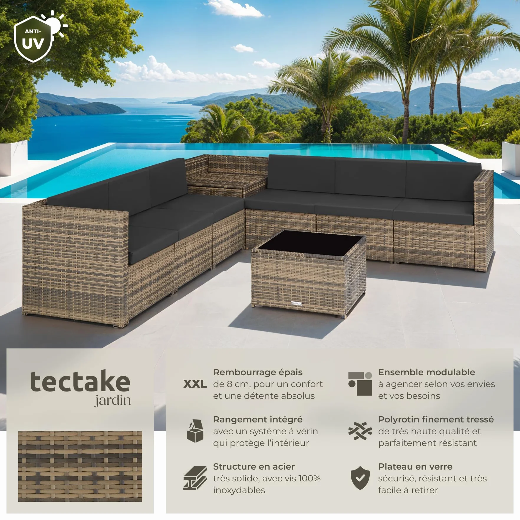 Tectake Salon de Jardin en Rotin 6 Places Resine Tressee Modulable avec Coffre et Table en Verre Marron Naturel