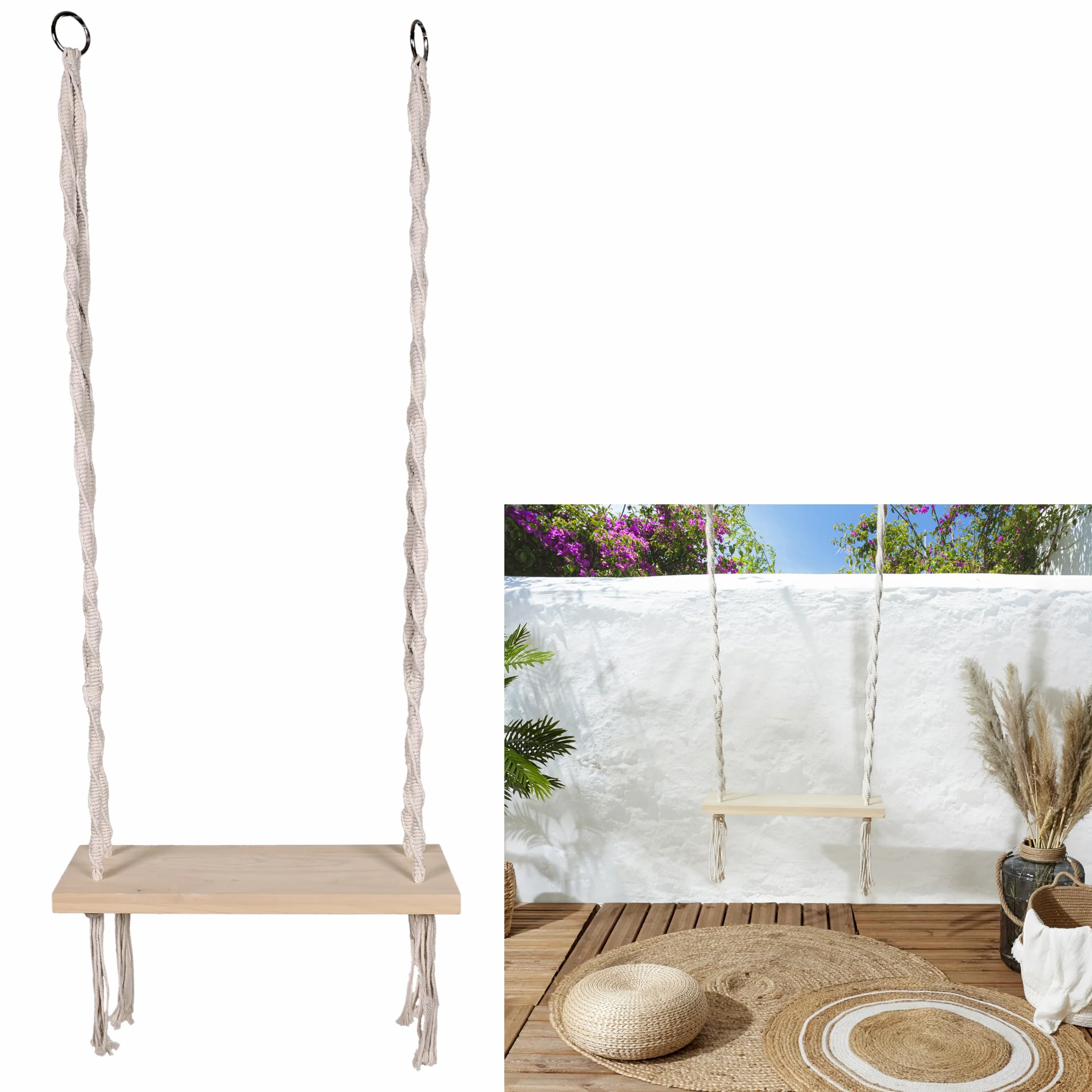 Balancoire Macramé Bois M6 Fauteuil Suspendu Exterieur 60x150x20 cm Blanc