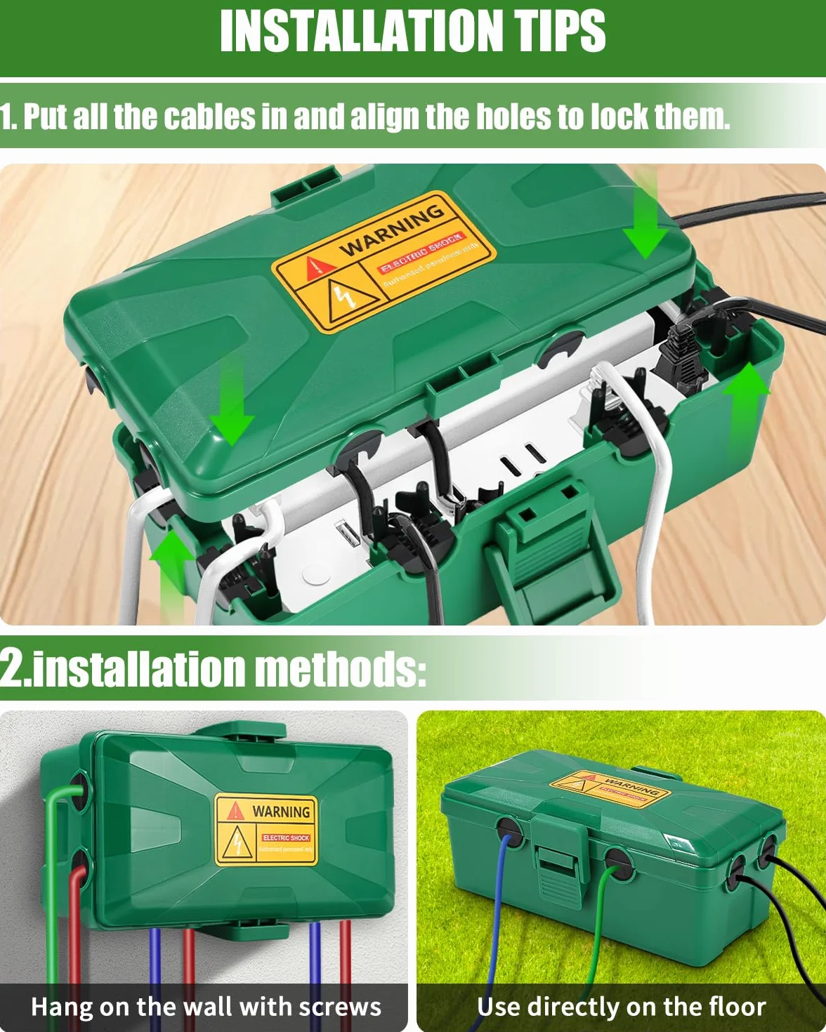 Boîte de Câble Etanche,26.1x15x9.4 CM Boite Etanche,Boite Etanche Electrique Exterieu,6 Entrée de Joint de Câble,IP54 Boite Rangement Cable,pour Timer Outlet Plug,Minuteries,Rallonges,Câbles,Vert