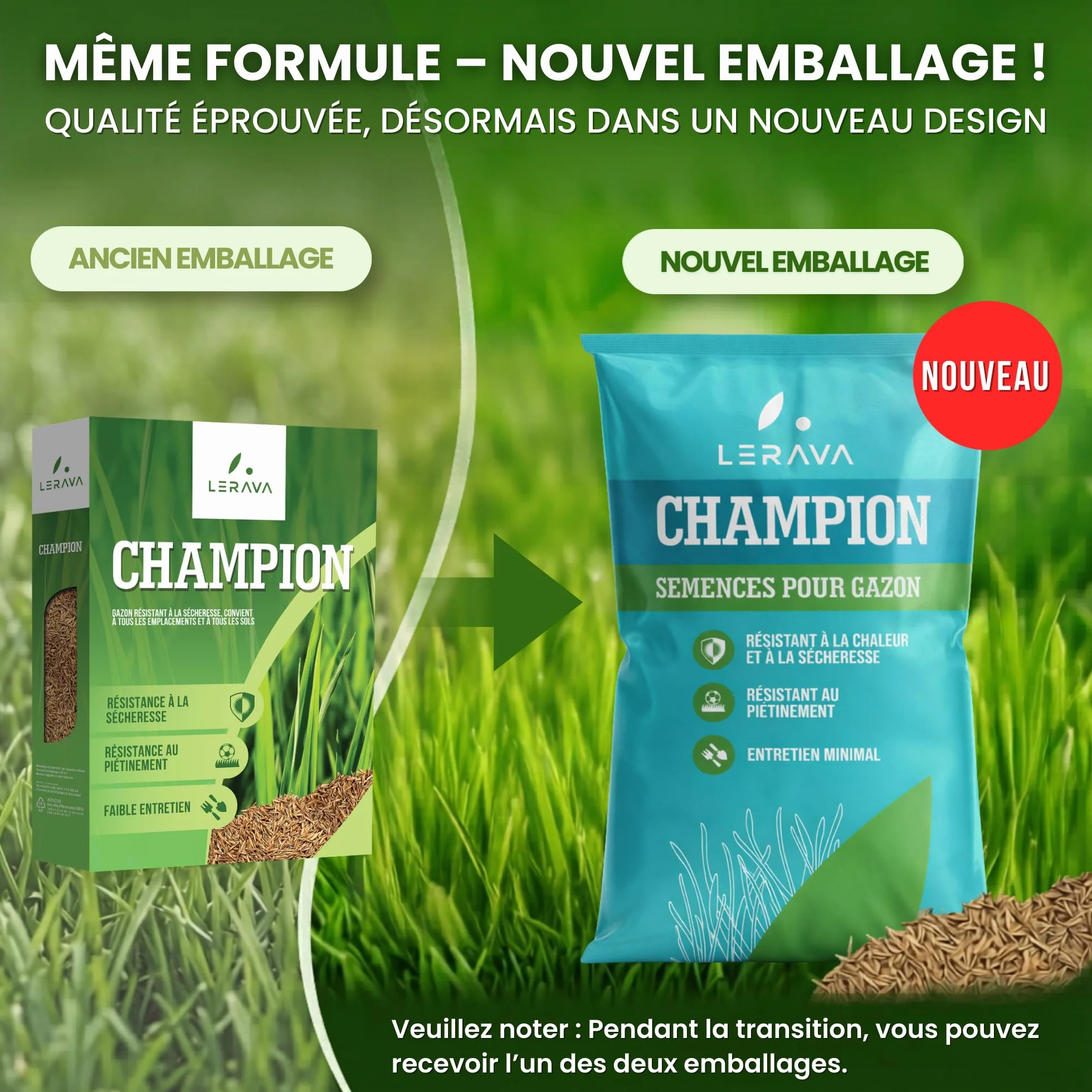 LERAVA CHAMPION Gazon à Semer 30 m² - Graines Pelouse Résistantes Sécheresse - Croissance Rapide Densité Maximale