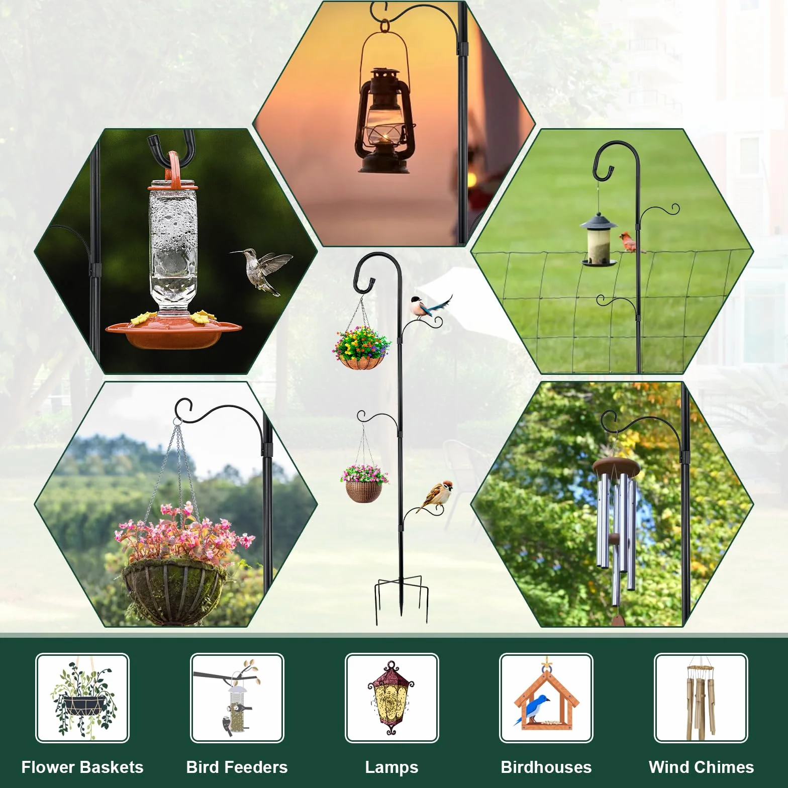 Support Mangeoire Oiseaux Métallique 193 cm 3 Crochets pour Extérieur Jardin