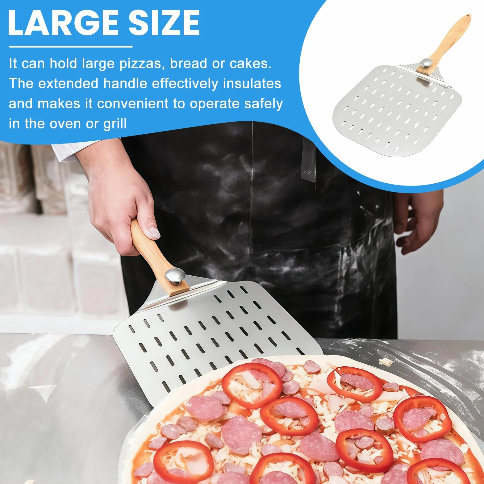 Pelle à pizza perforée 12 pouces aluminium anodisé poignée anti-brûlure amovible 31 cm